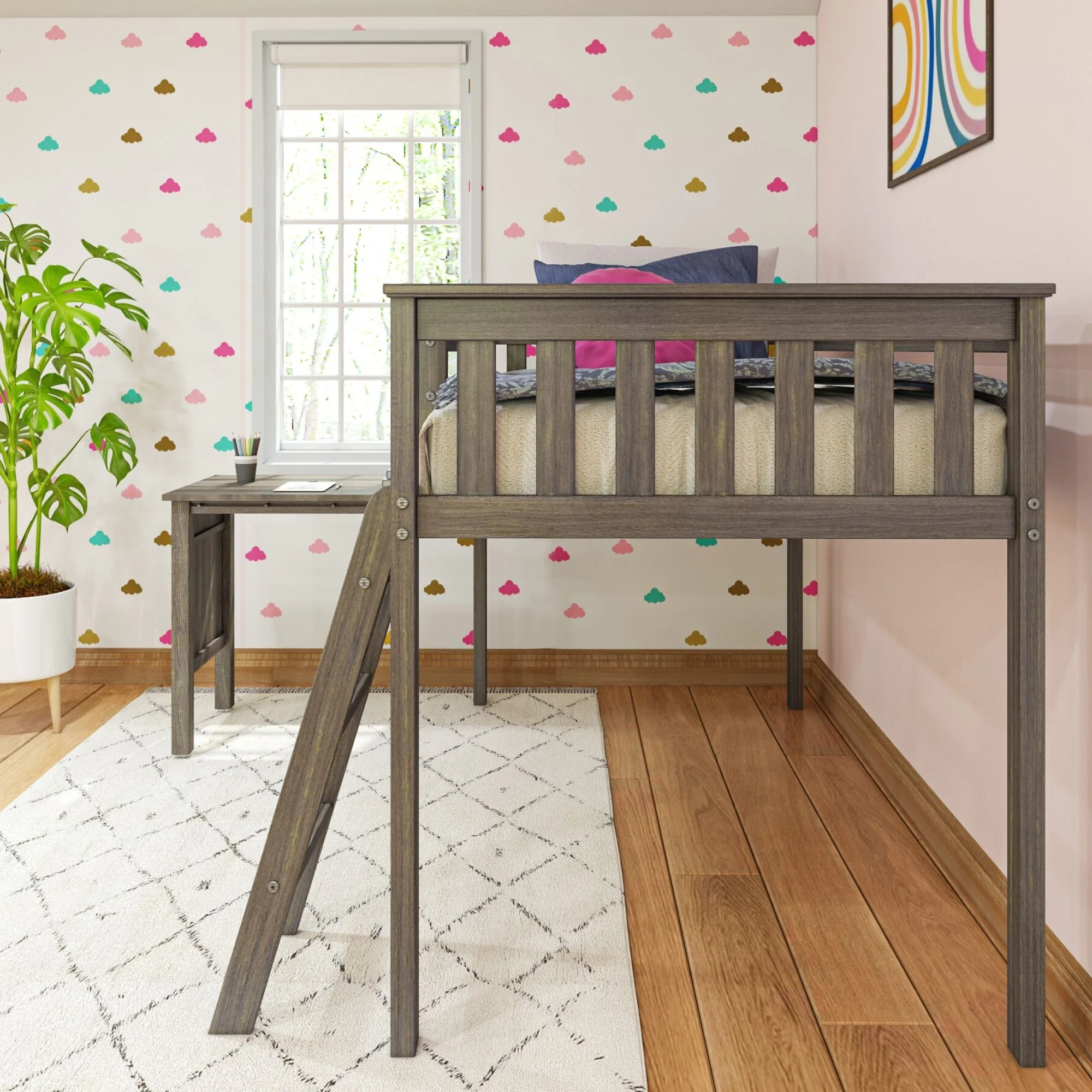 Max & Lily Twin Loft Bed, Modern Solid Wood Loft Bed with Pull Out Desk and Ladder for Kids, Clay