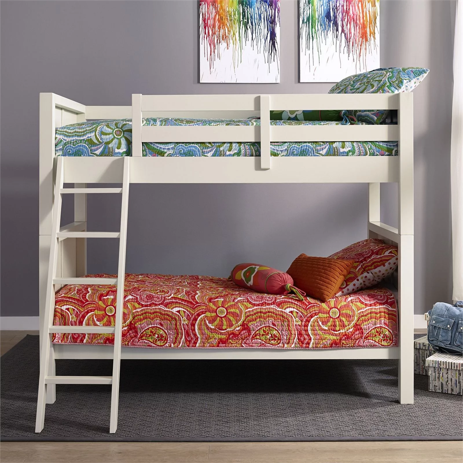 Pemberly Row Contemporary Wood Twin Over Twin Bunk Bed in Off White