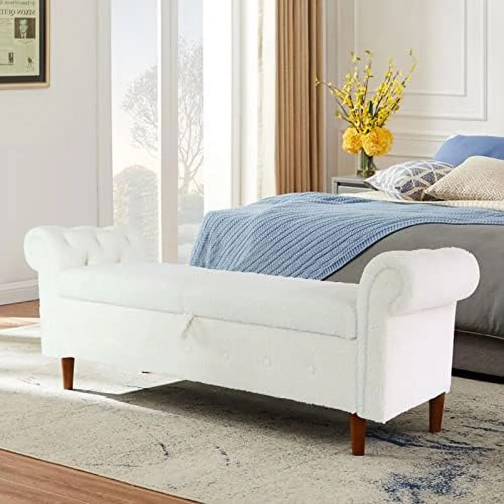 KHBIULIFE 63'' Ottoman Bench End of Bed Button Tufted Ottoman Bench Rolled Armed Ottoman Couch Long Bench for Bedroom Living Room End of Bed Hallway (Beige Cotton)