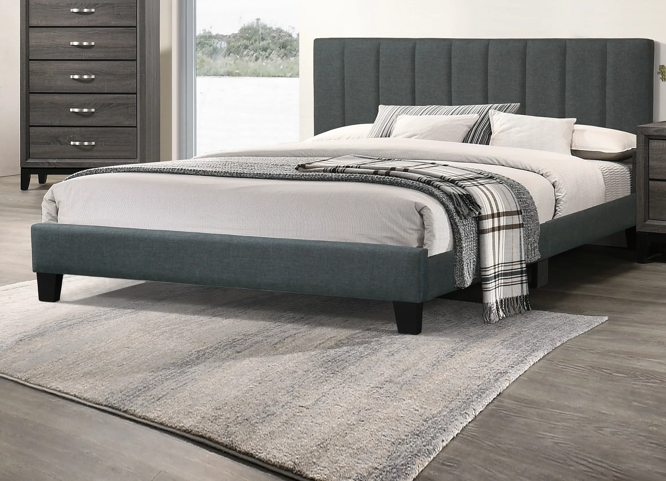 Simple Unique QUEEN SIZE BED Solid wood Bedframe Slats Charcoal Polyfiber Headboard w vertical Tufting Bedroom 1pc Bed