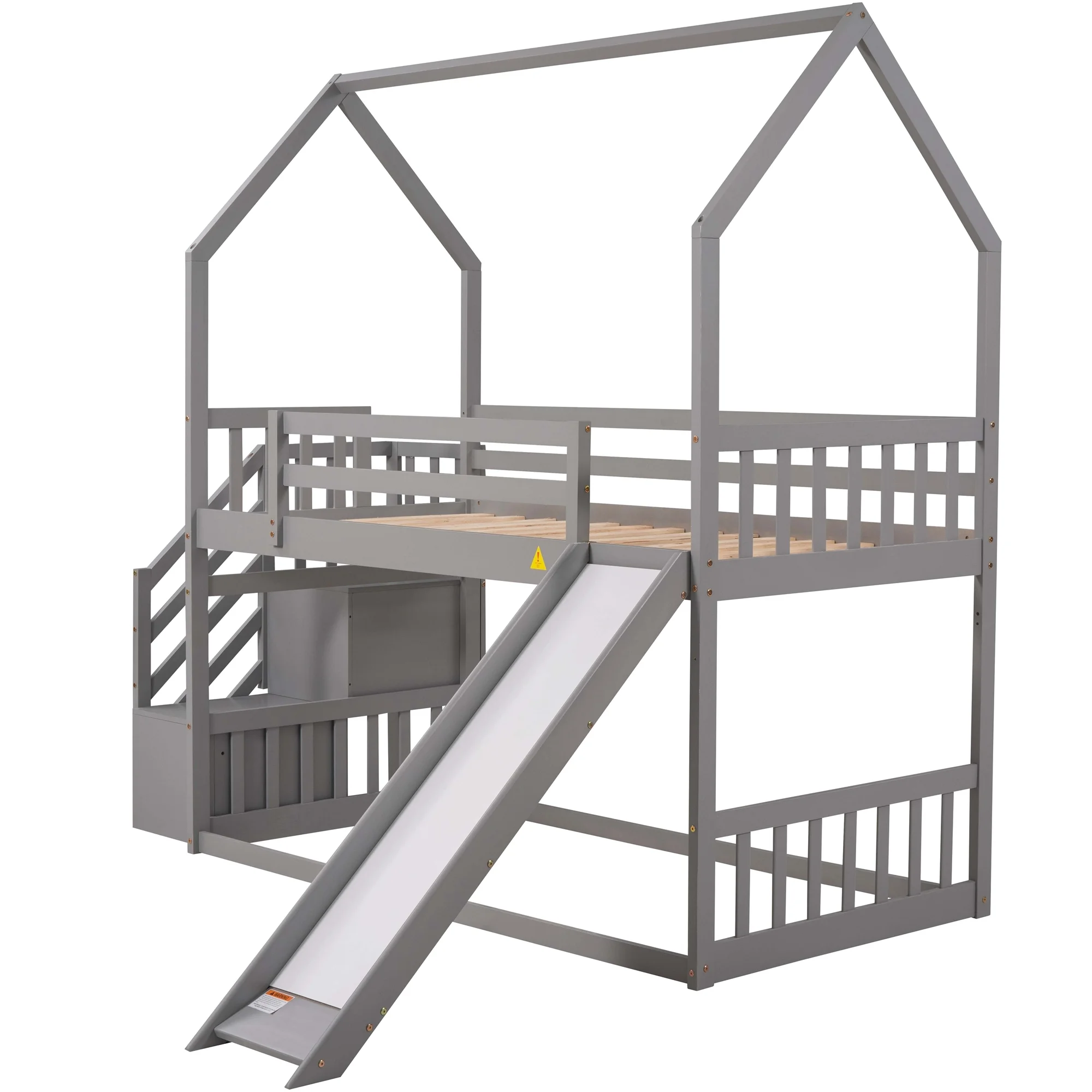 Dawn Whisper Twin over Twin House Bunk Bed with Convertible Slide, Storage Staircase, Gray