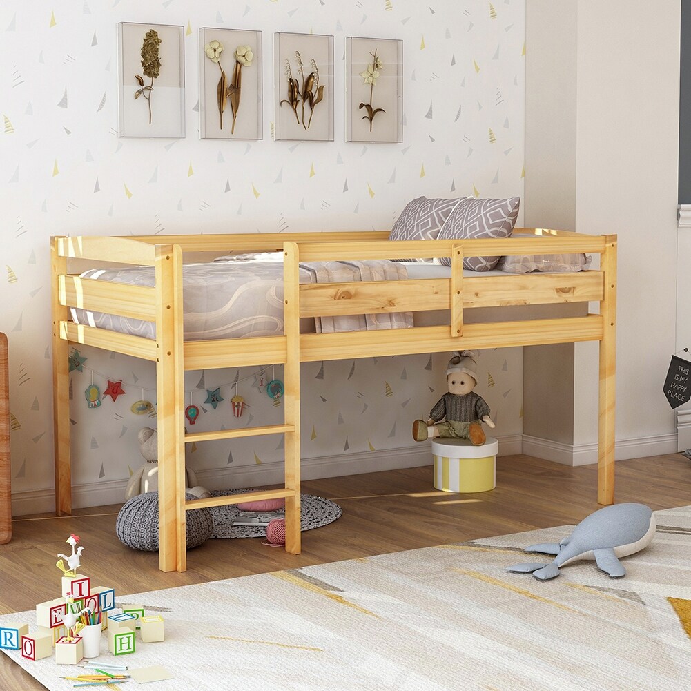 Twin Size Wood Low Loft Bed with Ladder