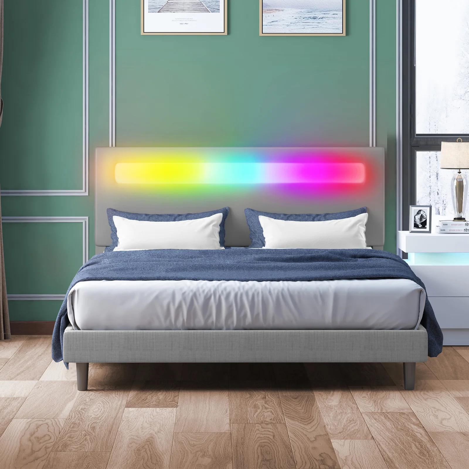 ijuicy Platform Bed Frame with Smart RGB LED Light Bar, King Size Bed Frame with Headboard, Compatible with Alexa or Apps (Full, Grey)