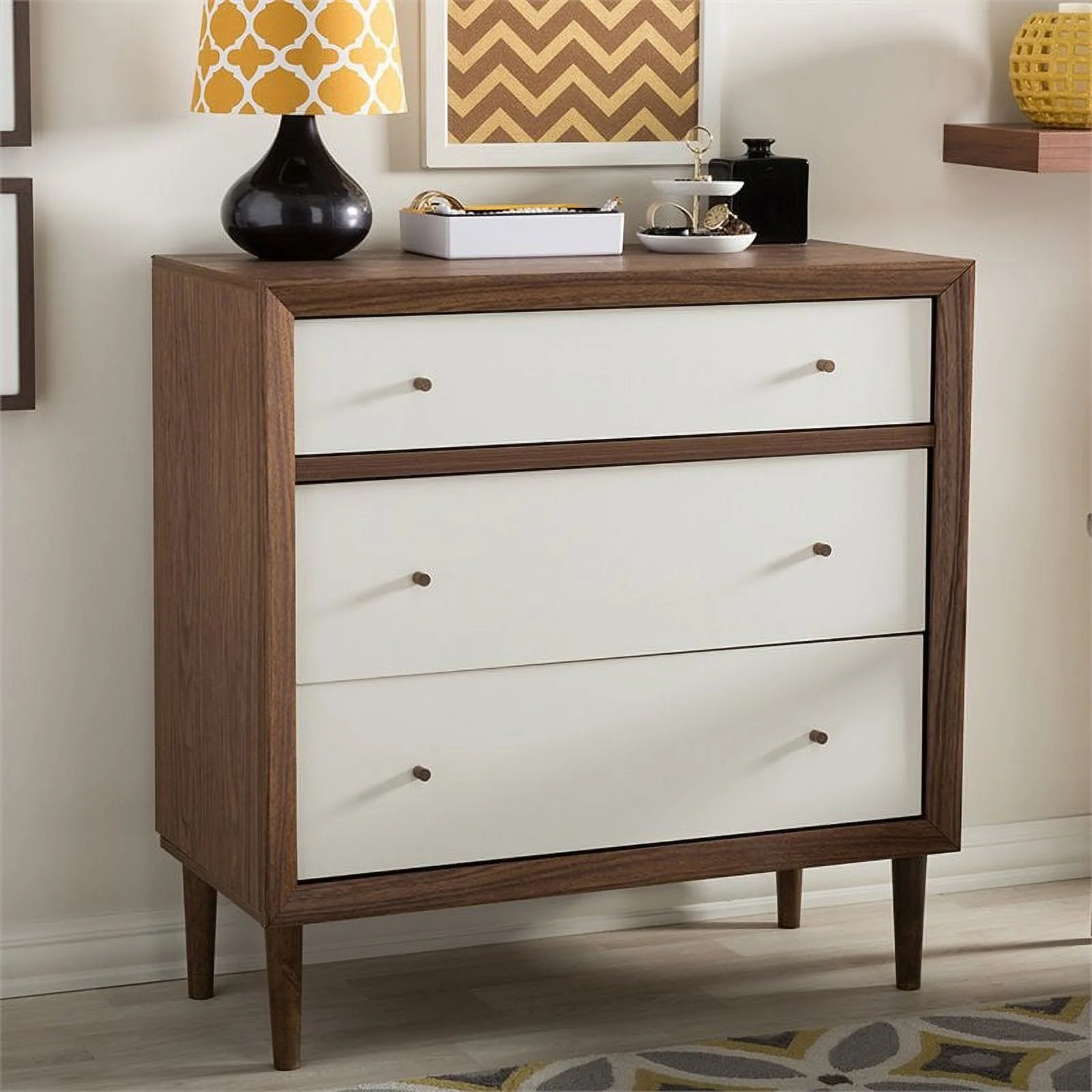 Allora Contemporary 3-Drawer Engineered Wood Chest in White/Walnut