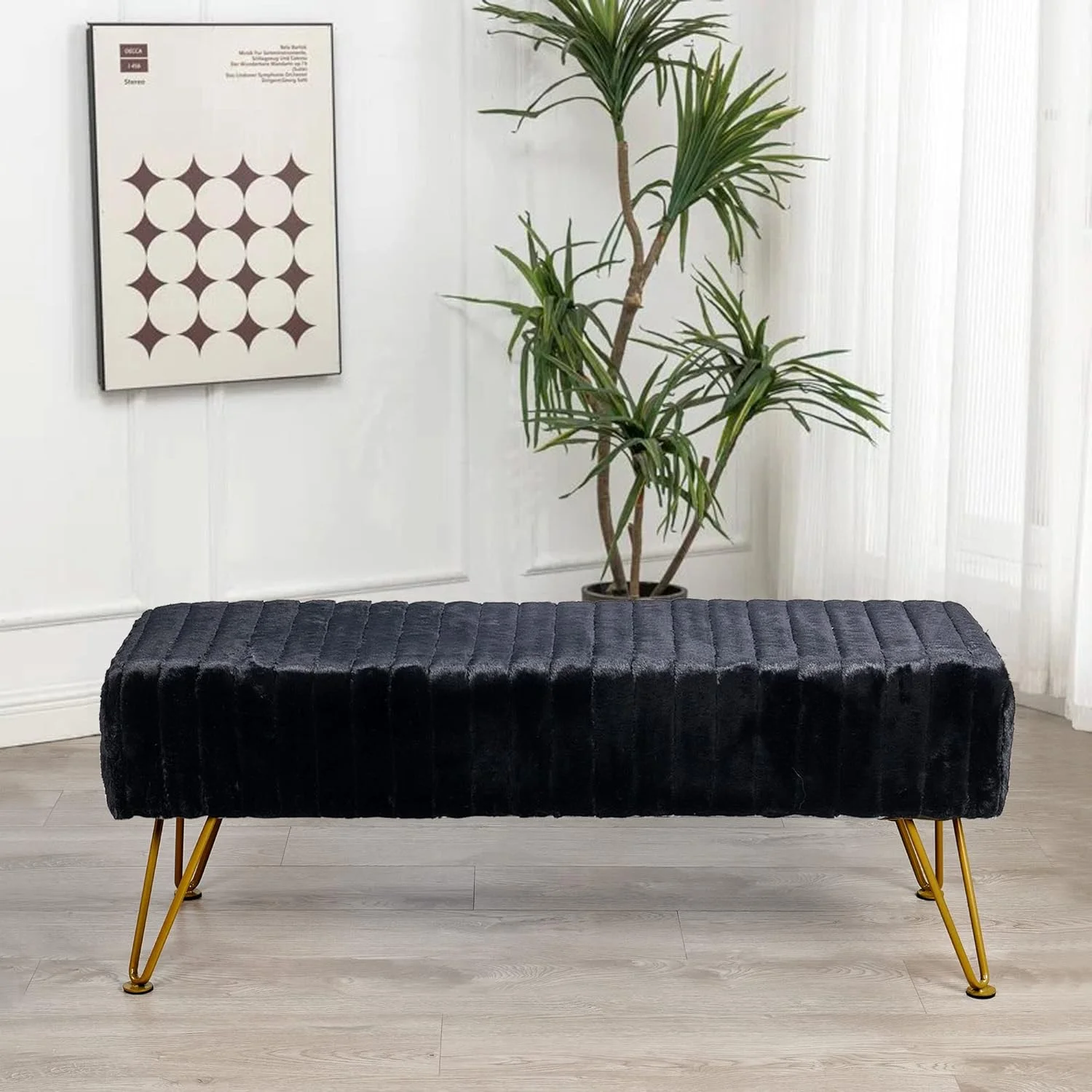 Super Mink Black Faux Fur Ottoman Bench, 46