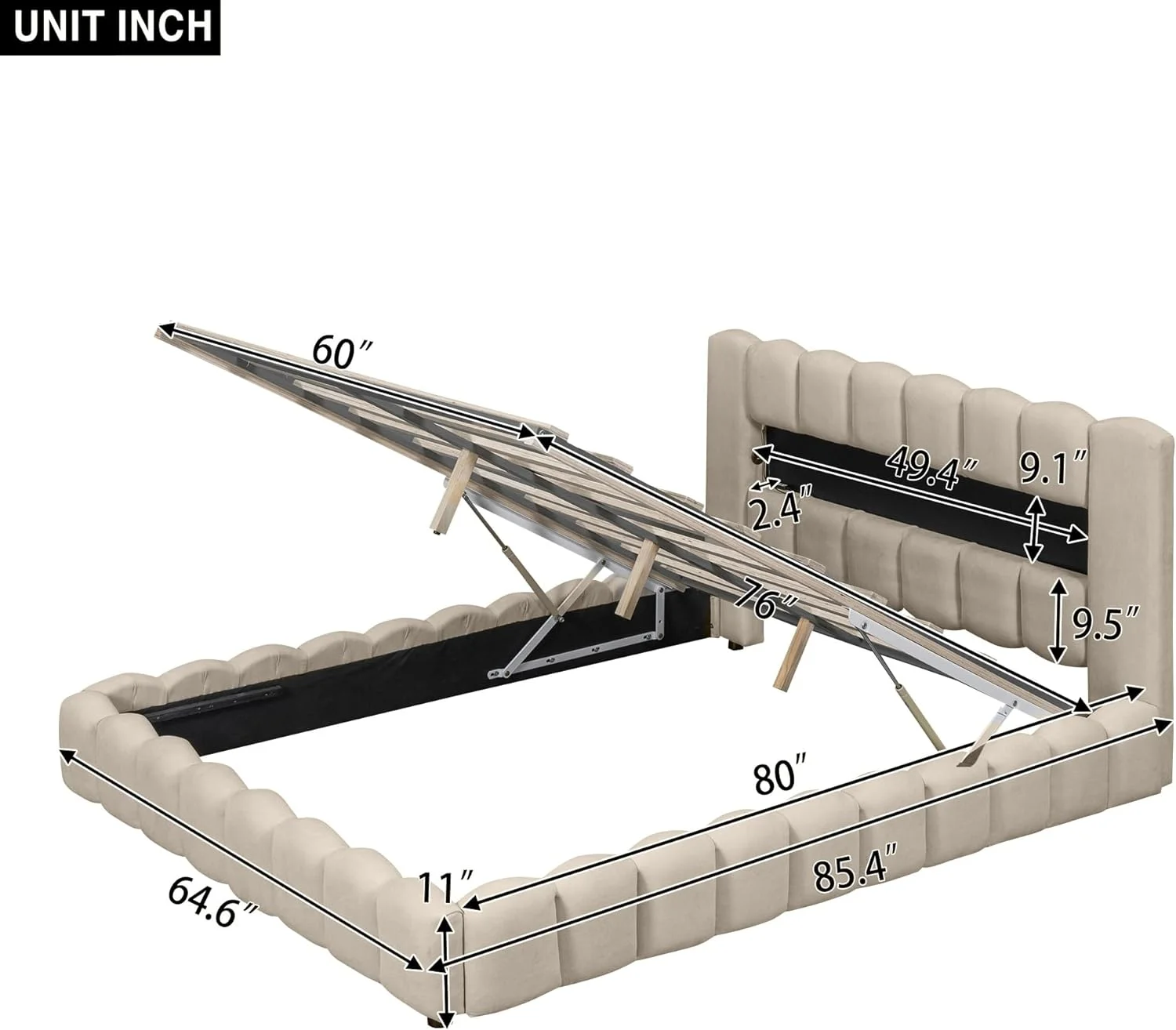Upholstered Queen Size Bed With Lift Up Storage, USB Ports And LED Headboard, Linen Queen Platform Bed With Slats Support, No Box Spring Needed, Easy Assembly, Beige, HZG-GX000552AAA