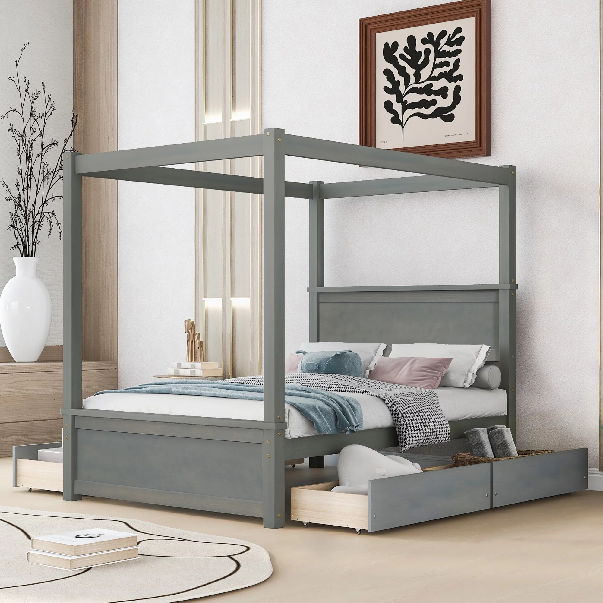 Full Size Canopy Bed 4-Post Canopy Platform Bed Frame with Four Drawers, Solid Wood Full Platform Bed Frame for Kids Teens Adults, No Box Spring Needed