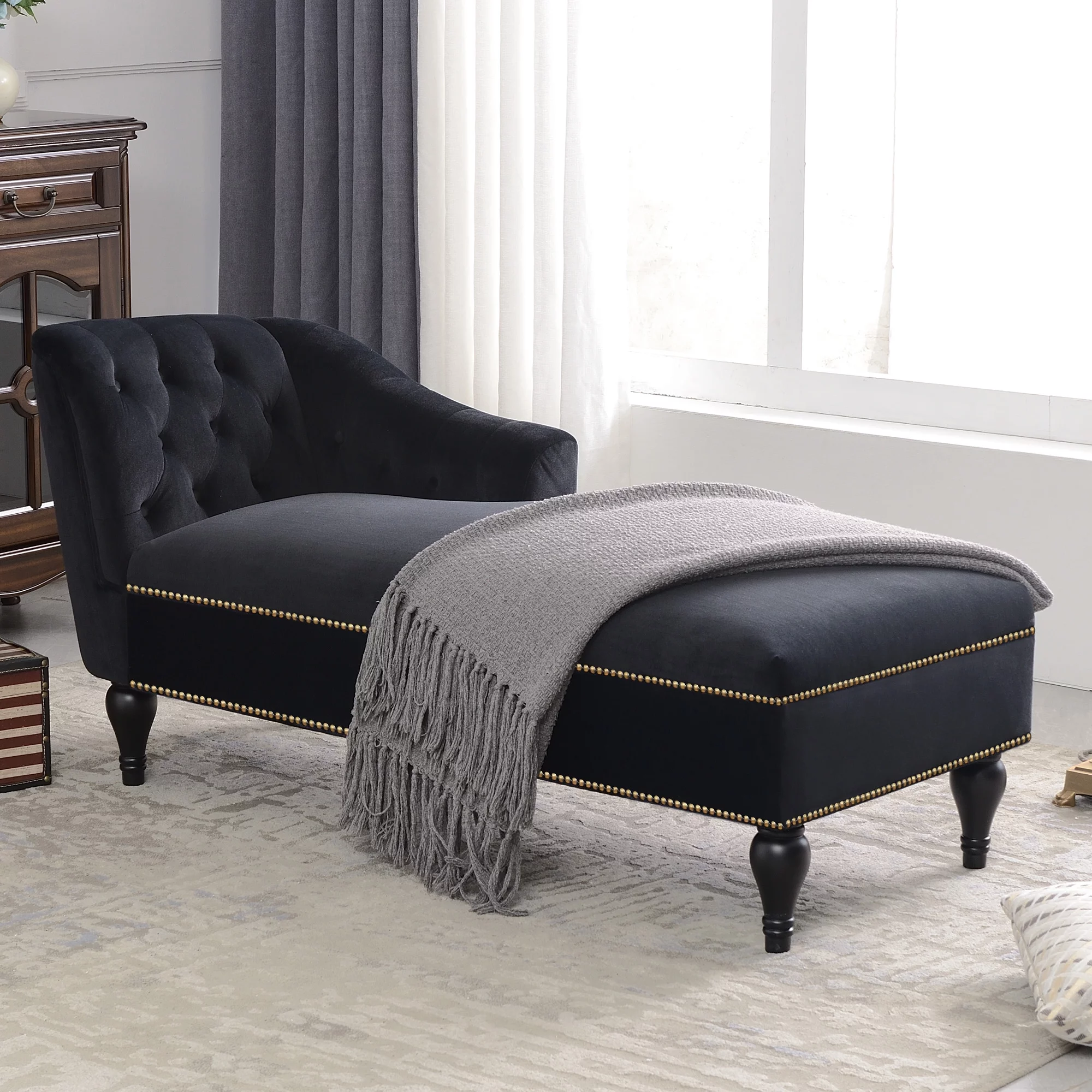 Velvet Chaise Lounge Button Tufted with Arm Lounge Chair with Nailhead Trim & Solid Wood Legs for Living Room or Office