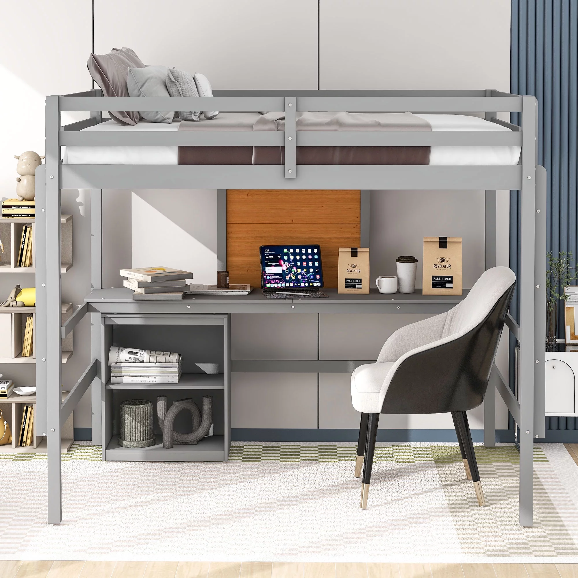 Full Loft Bed with Desk Bookcase Storage Cabinet, Solid Wood Slat Bed Frame with Writing Board Ladder for Child Kids Teens