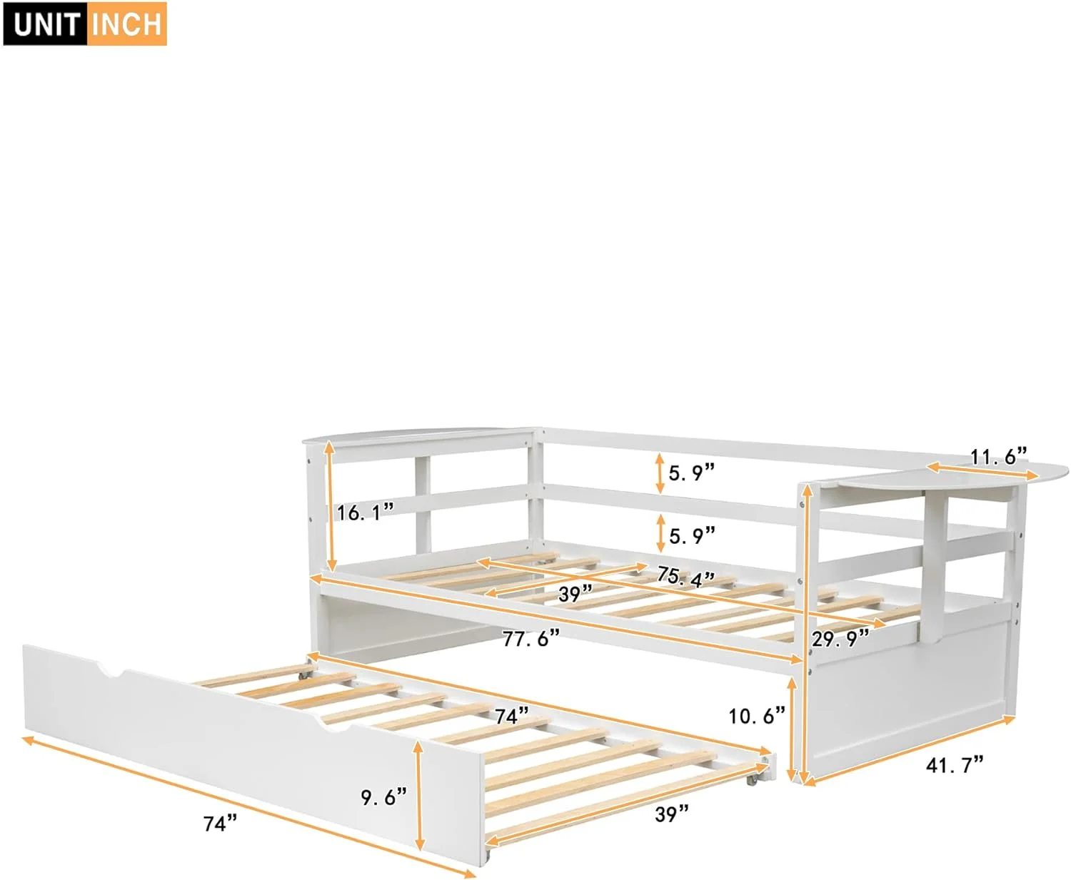 Size Daybed With Trundle, Solid Wood Daybed Frame With Foldable Shelves On Both Sides, For Kids Teens Guests. Bedroom Living Room Furniture (, White)