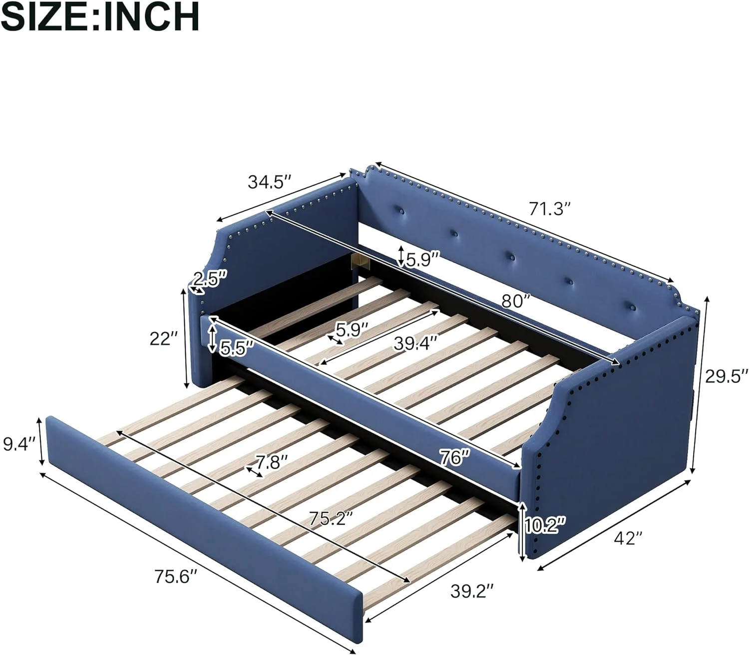 Daybed With Trundle, Upholstered Daybed With Wood Slat Support, Linen Size Sofa Bed Frame For Living Room Bedroom, Blue