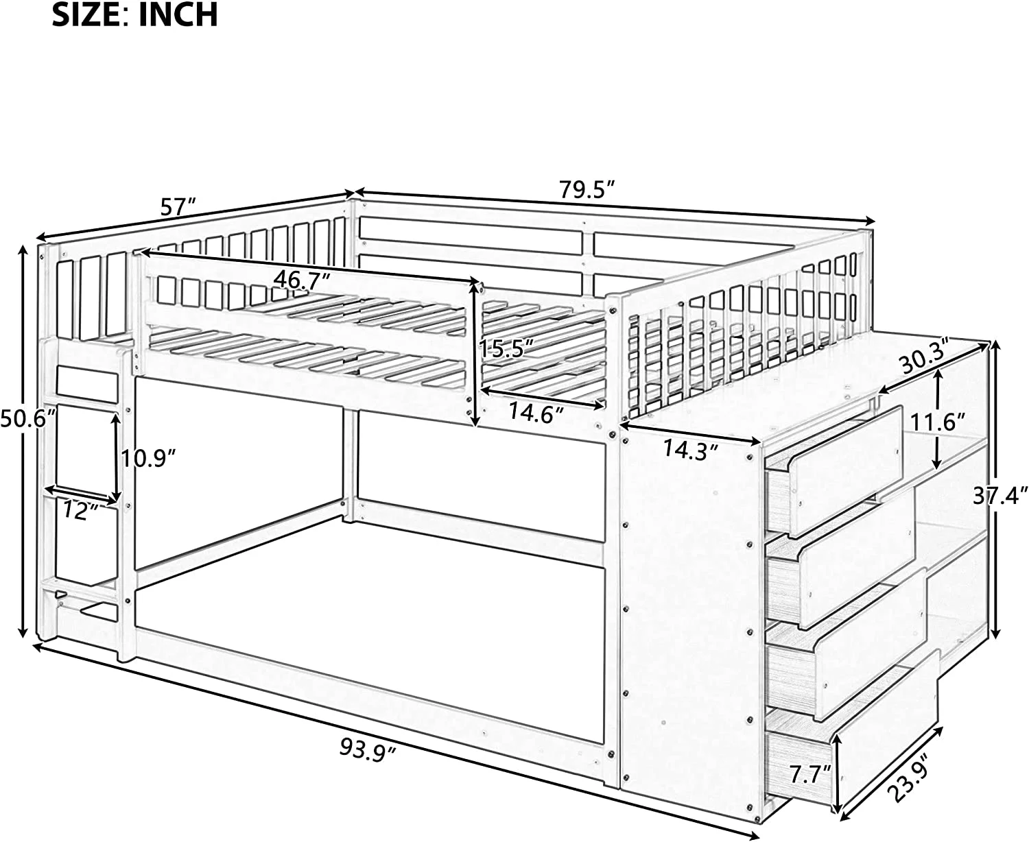 Bunk Bed Full Over Full With Storage, Wood Ful Lsize Floor Bunk Beds With 4 Drawers And 3 Shelves For Kids, Low Multi Storage Bunk Beds Frame For Kids, Teens, Adults (Grey)