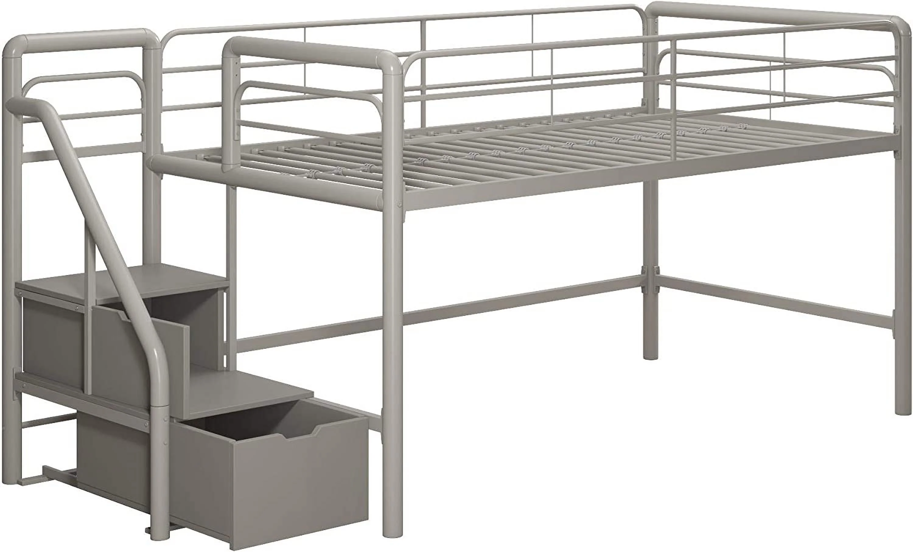 LIHONG Metal Loft Bed with Storage Steps, Multifunctional Space-Saving Solution - Silver with Gray Steps