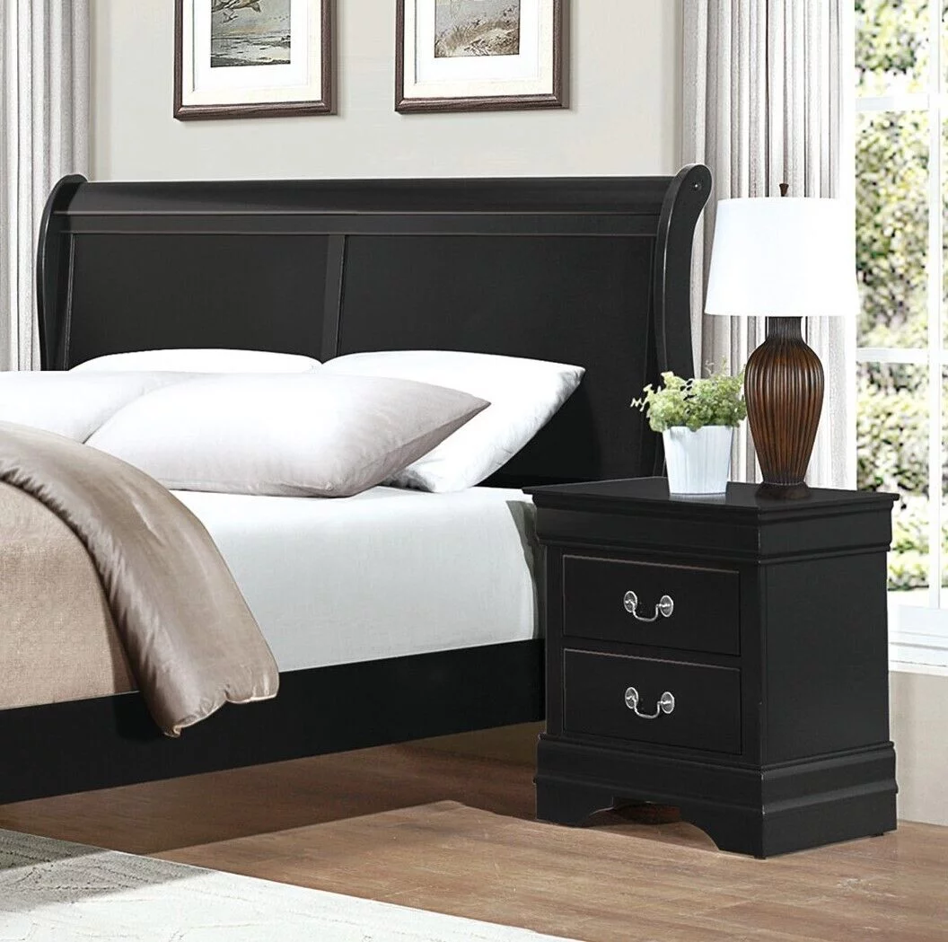 Traditional Black Finish 3pc Bedroom Set Full Bed and Nightstands Louis Phillipe Style Bedroom Furniture