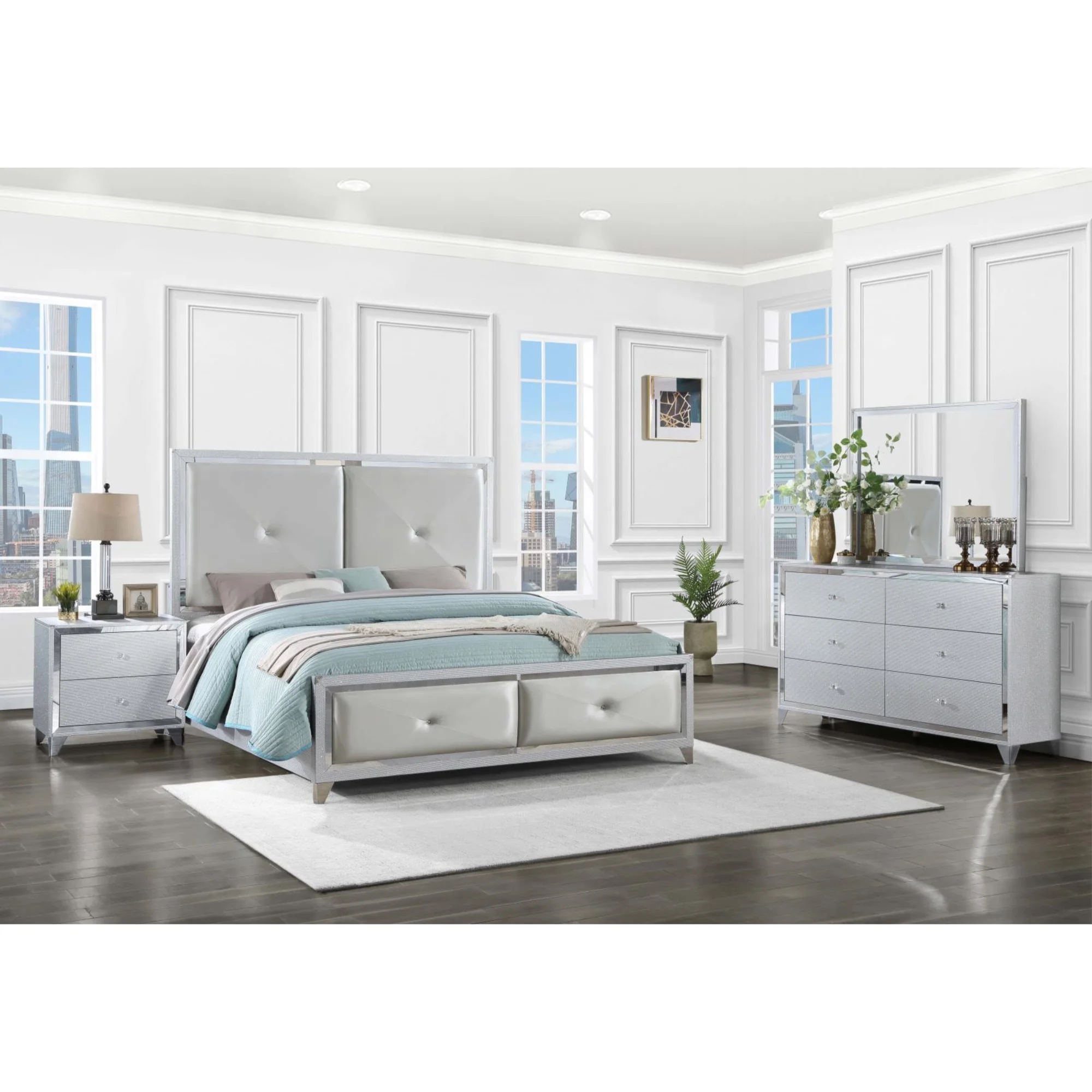 Coaster Larue 4-piece Modern Wood Tufted California King Bedroom Set in Silver