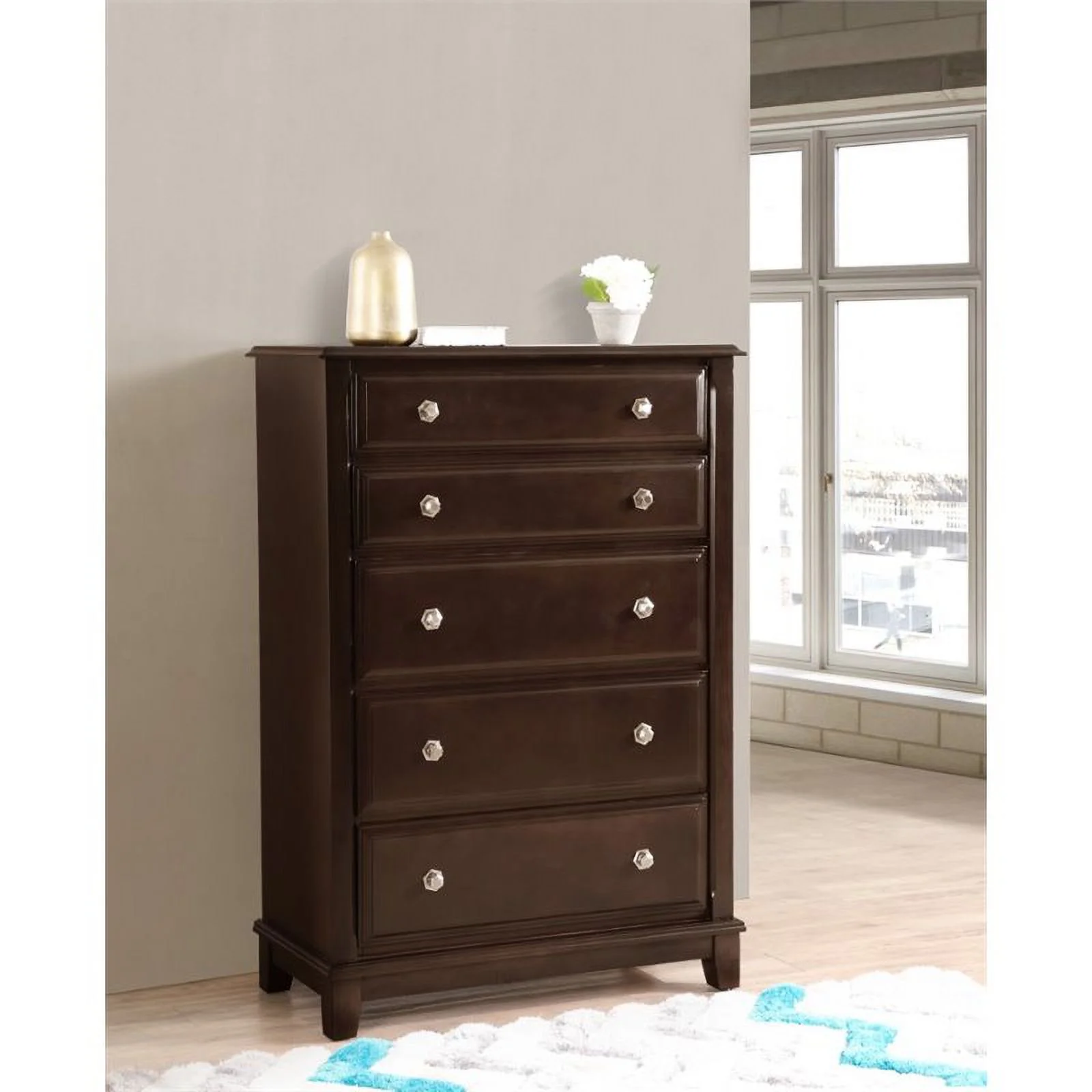 Bowery Hill Engineered Wood Transitional 5 Drawer Chest in Cappuccino