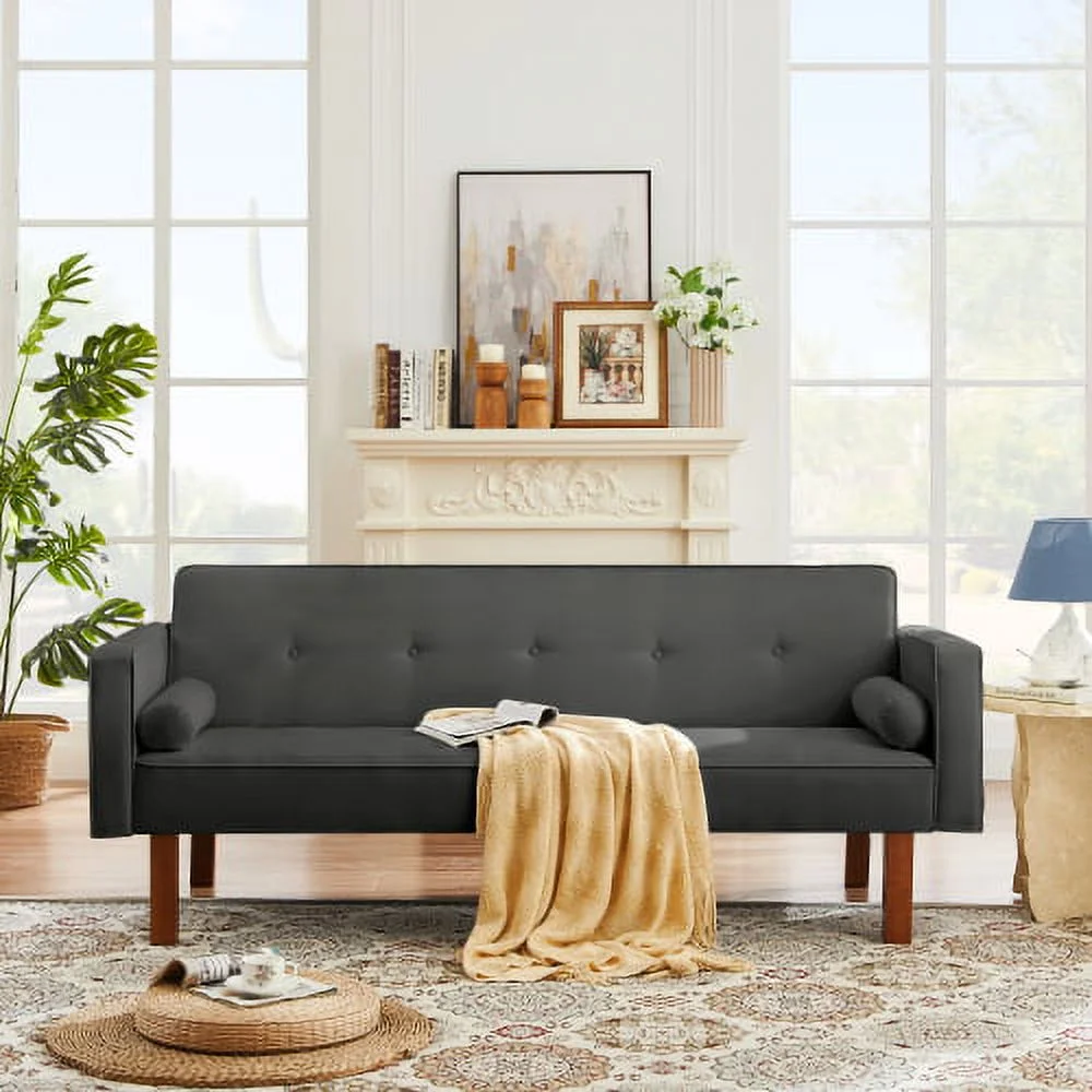 Linen upholstered modern convertible folding sofa bed with 4 solid wood feet and 1 metal center foot