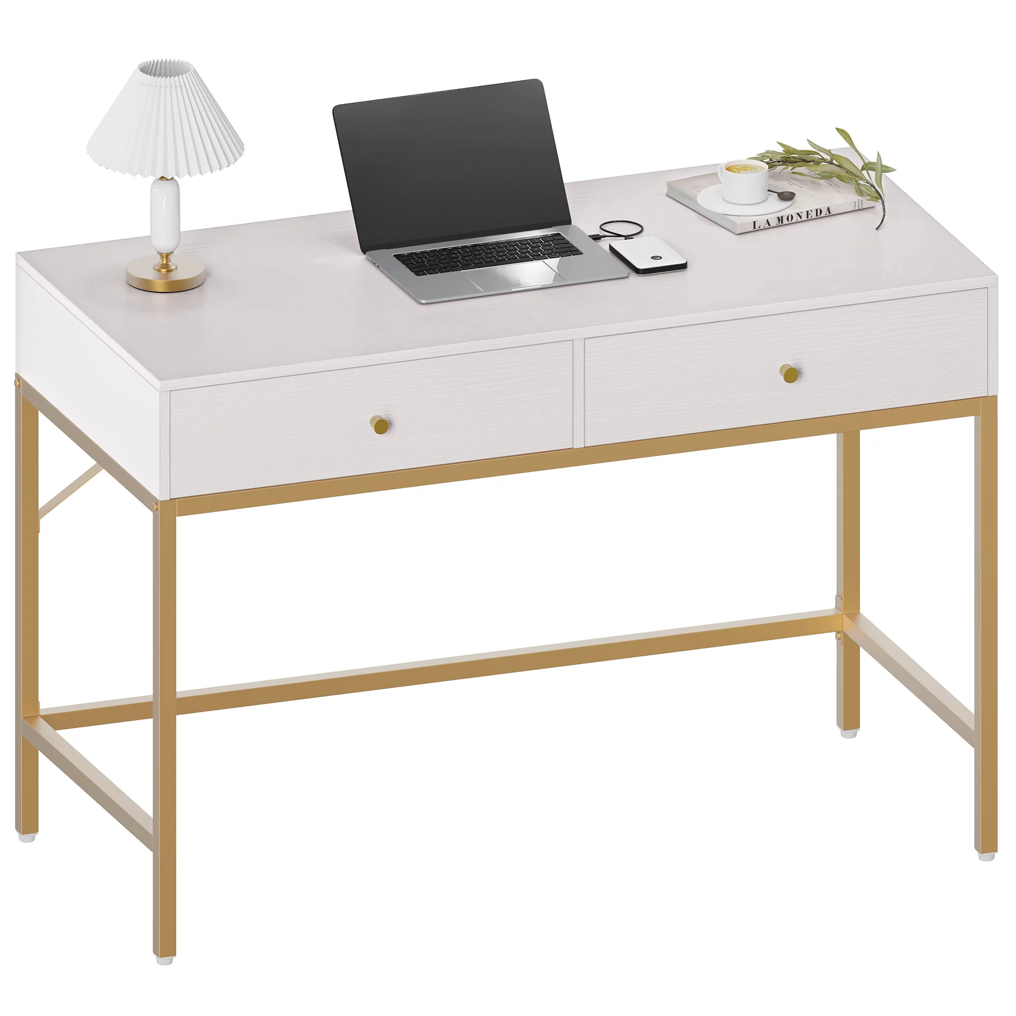 SUPERJARE Vanity Desk with Drawers, 47 inch Computer Desk, Makeup Vanity, Dressing Table for Bedroom, White and Gold
