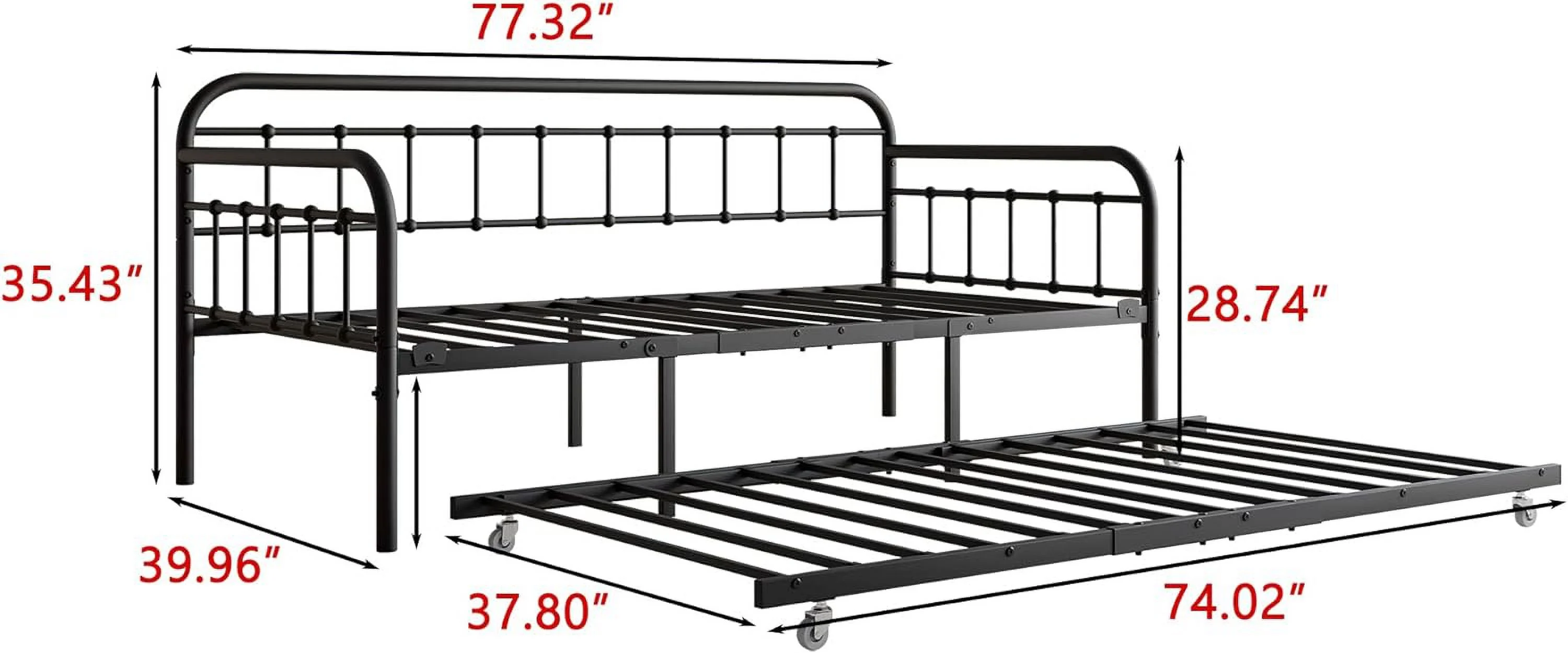 Twin Size Metal Daybed Frame Set with Trundle, Foundation with Steel Slat Support Sofa Bed Platform with Headboard, No Box Spring Needed, Black