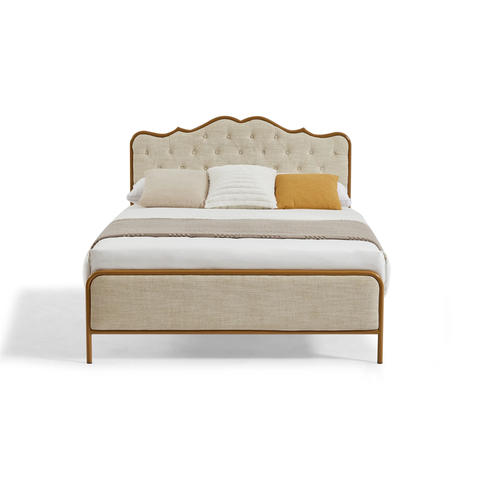 Full-size Bed with Buckle Shaped Backrest, Metal Frame, Solid Wood Ribs - Comfortable and Elegant in Light Camel