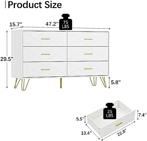 KHBIULIFE White Dresser for Bedroom Dresser with 6 Deep Drawers Wide Chest of Drawers with Gold Handles for Living Room
