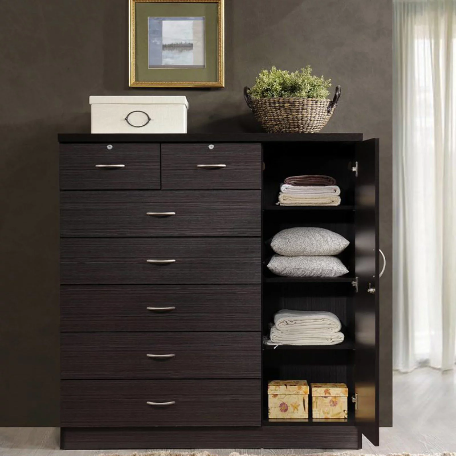 Hodedah 7 Drawer Chest with Locks on 2 Drawers and 1 Door in Chocolate Wood
