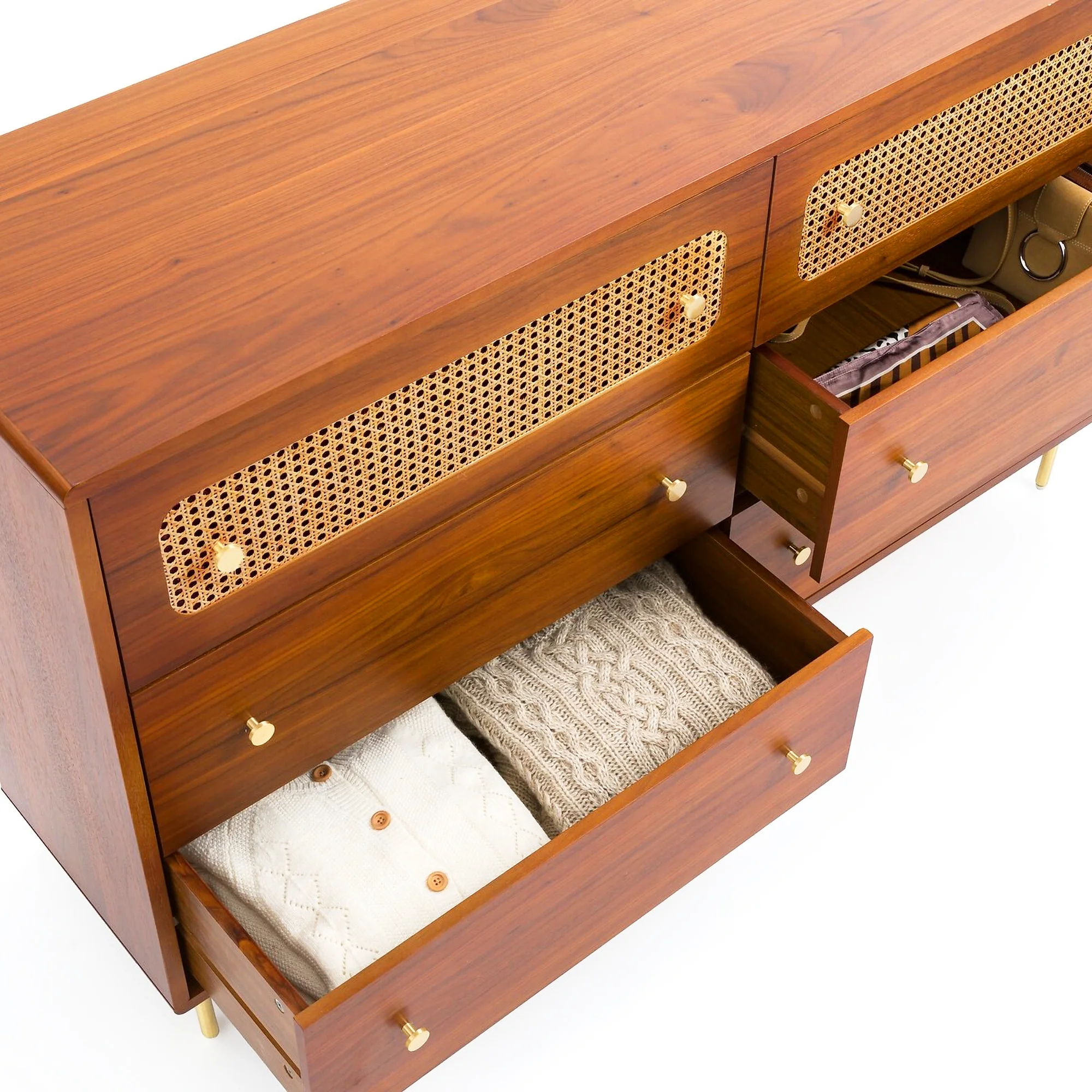Glavbiku Modern Rattan Dresser for Bedroom with 6 Drawers,Wood Storage Cabinet,Natural Cherry,Adult