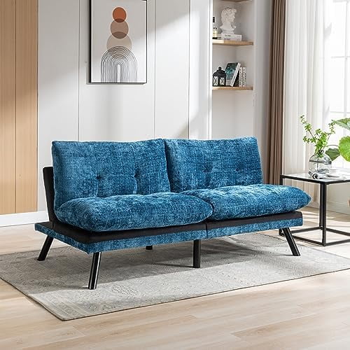 NLIBOOMLife Convertible Armless Sofa Bed Loveseat Futon Sofa Bed with Metal Legs Breathable Adjustable Sleeper Sofa Couch for Compact Living Space Chenille Grey