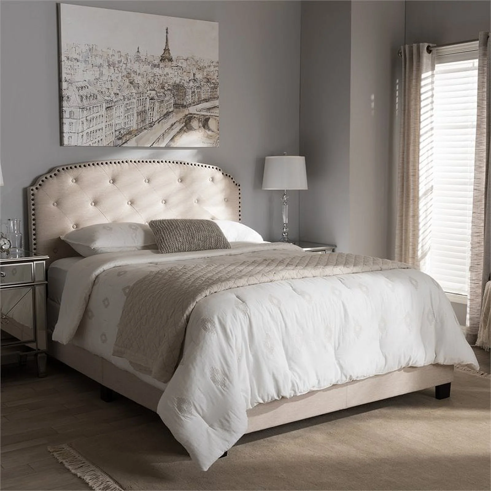 Bowery Hill Modern Tufted King Low Profile Bed in Light Beige