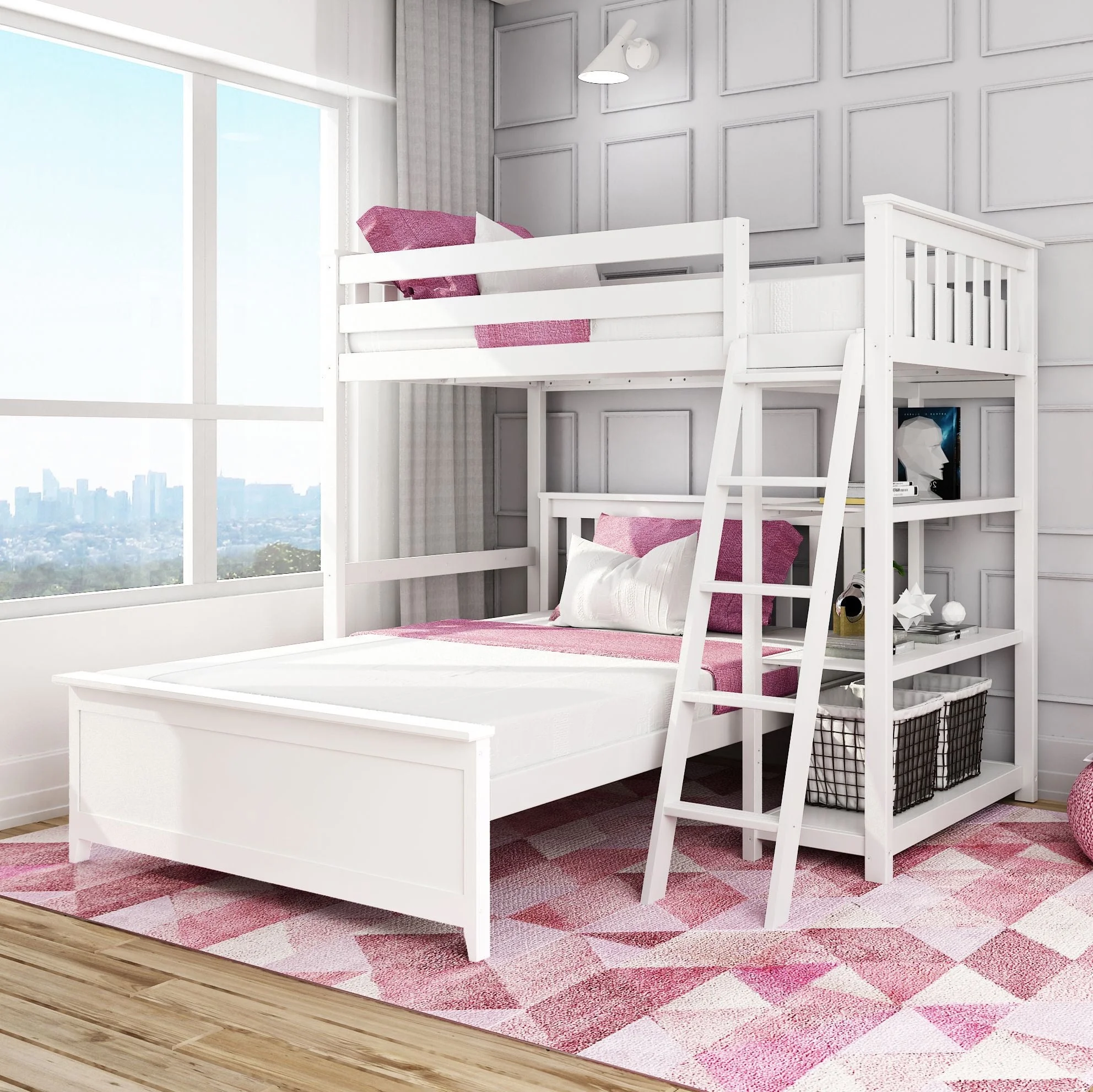 Max & Lily Wooden L-Shaped Twin over Full Bunk Bed with Bookcase for Kids, Grey