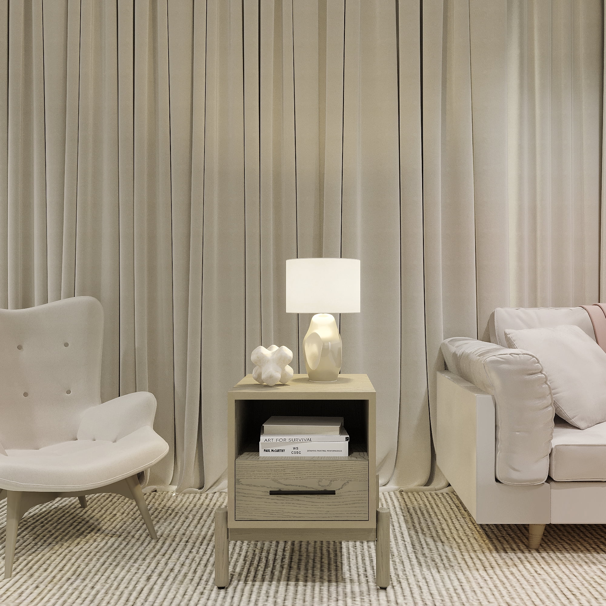 BME Aura Nightstand, Mid Century Style with Oak Finish, 1 Drawer, Solid Wood Side Table, Light Gray