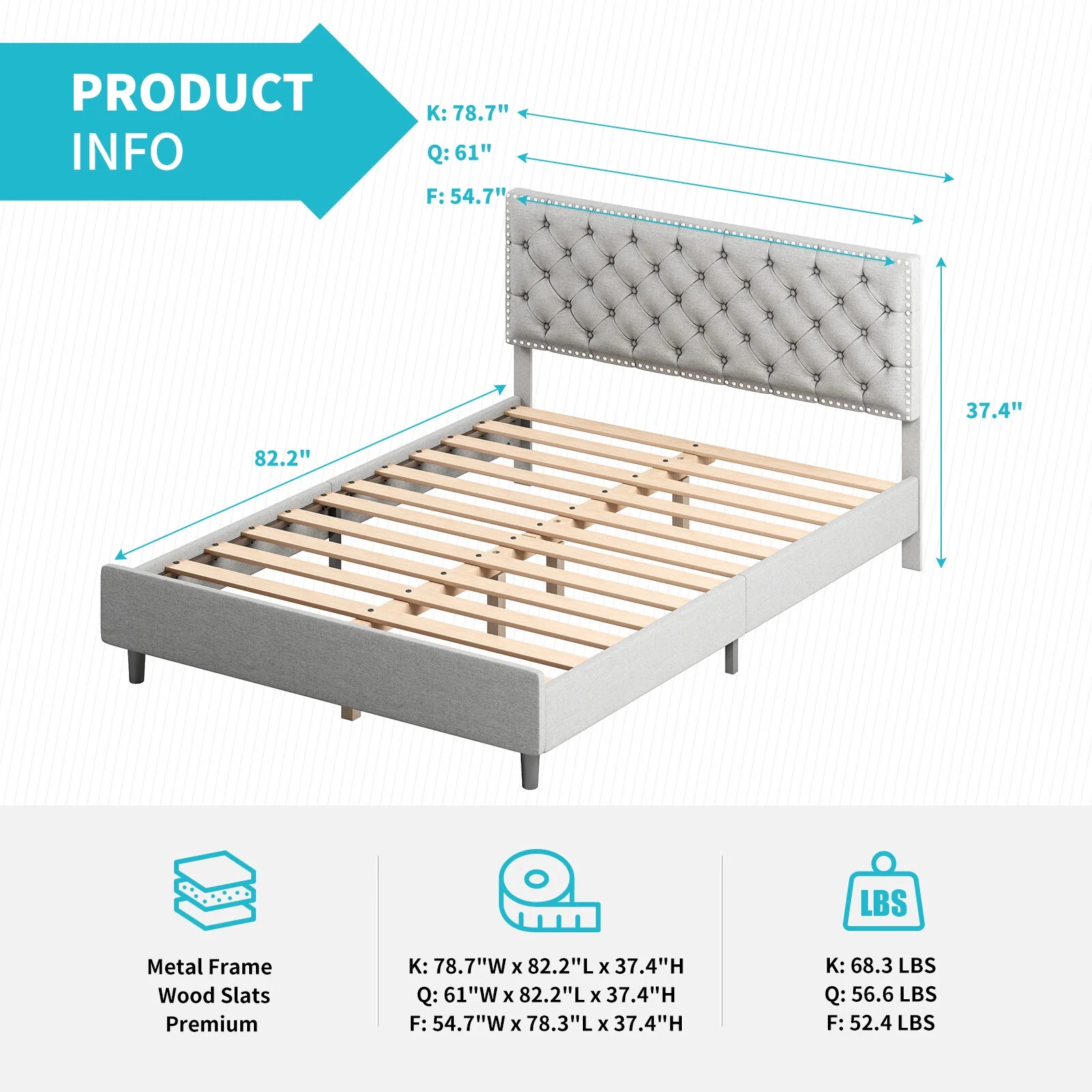 CECER Full Size Bed Frame with Adjustable Height Headboard, Upholstered Platform Metal Bed Frame with Engineered Wooden Slats,  Tufted Double Bed Mattress Foundation for Bedroom Light Grey