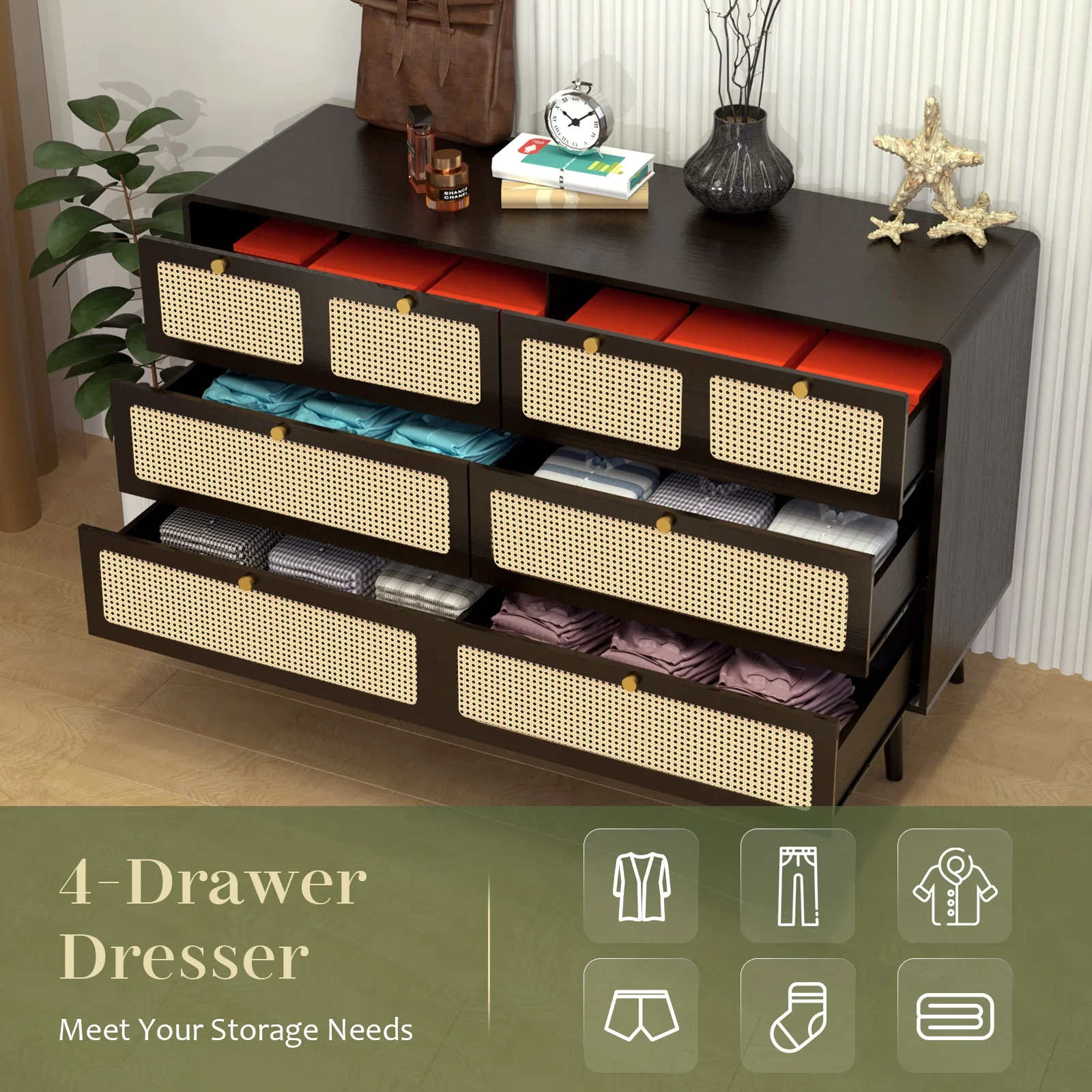 Rattan 6 Drawer Dresser, Rattan Chest of Drawers for Bedroom, Closet Storage Table Dresser for Bedroom, 47