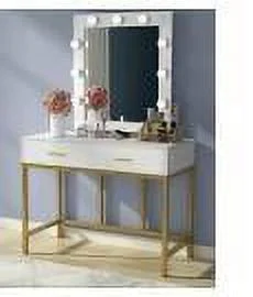 GoDecor Vanity Table with Lighted Mirror and Drawer, Makeup Dressing, for Bedroom, Gold and White