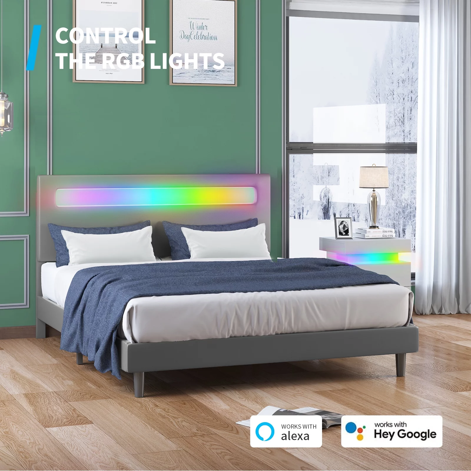 Mjkone Full Size Bed Frame with RGB LED Headboard, Platform Bed Frame with Smart LED Strip Light, RGB LED Light Controlled by Alexa or APP, Full Bed Frames Adjustable Lighting Effects(Full, Grey)