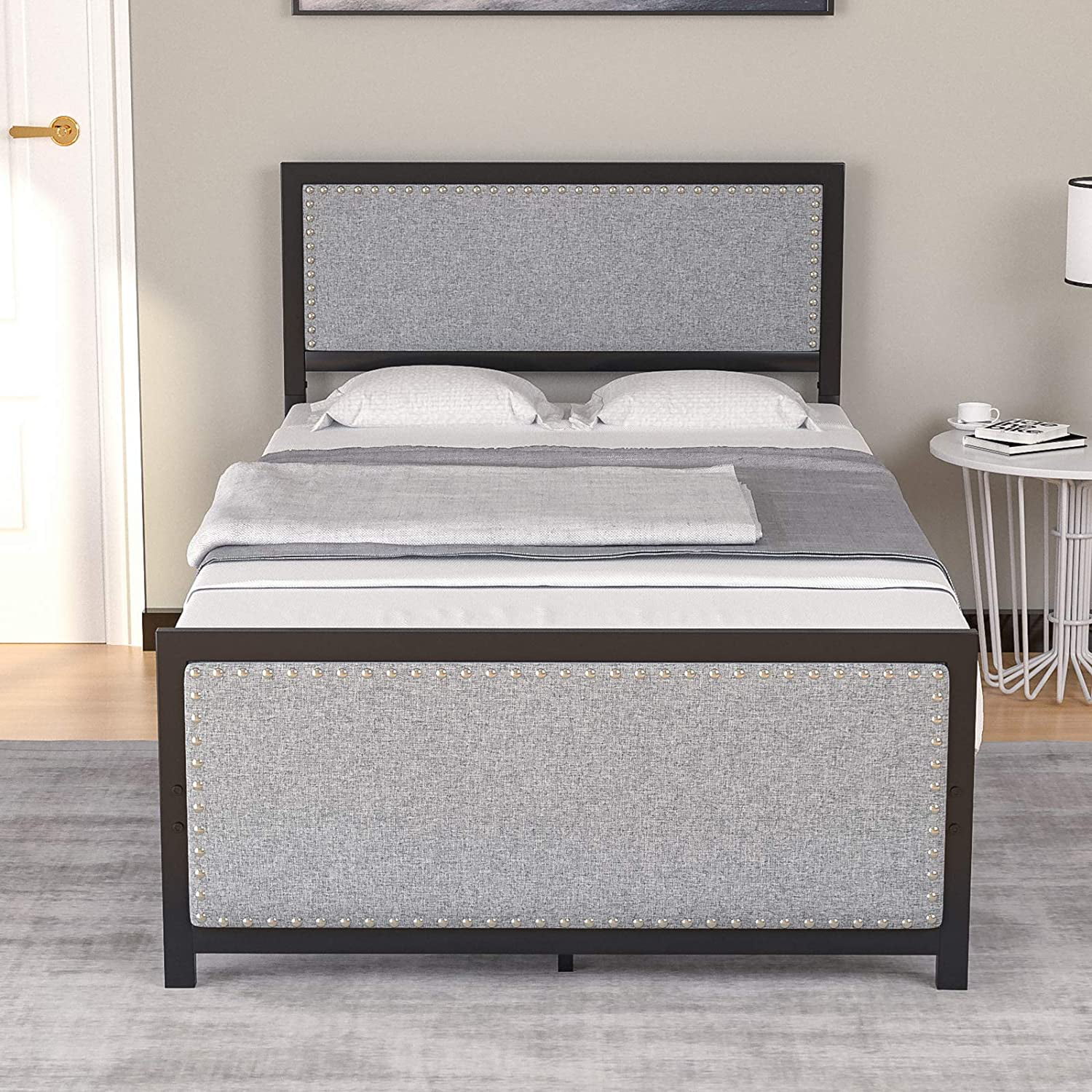mecor Metal Twin Platform Bed Frame / Grey Nailhead Trim Upholstered Headboard Footboard, Sturdy Square Frame Support, No Box Spring Needed - Twin, Black/Grey