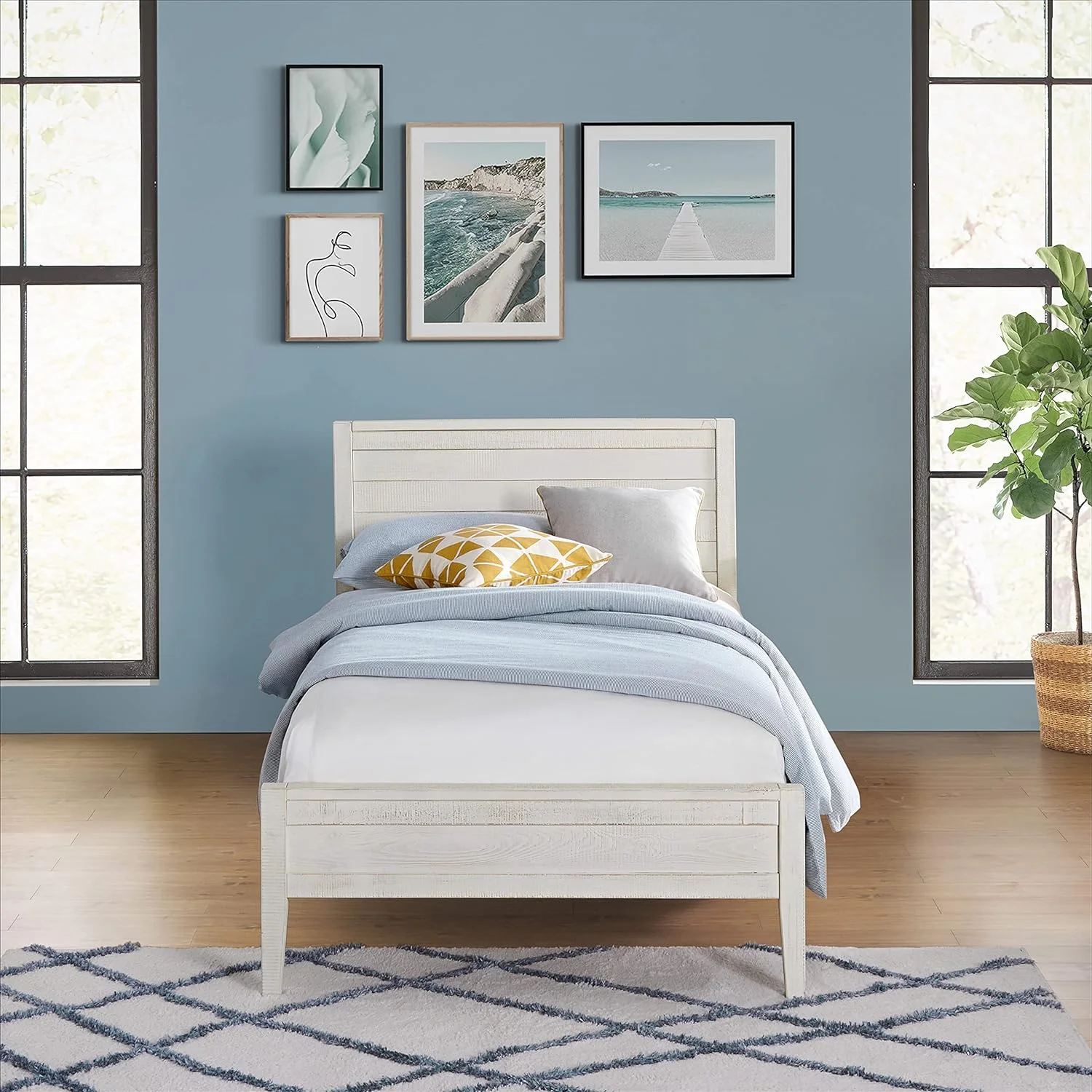 QCAI Windsor Panel Wood Twin Bed Driftwood Finish, Great for Your Kid's Bedroom, Standard Twin Mattress Not Included, Low Profile Footboard, Rustic Painted Finish, Bedroom Furniture