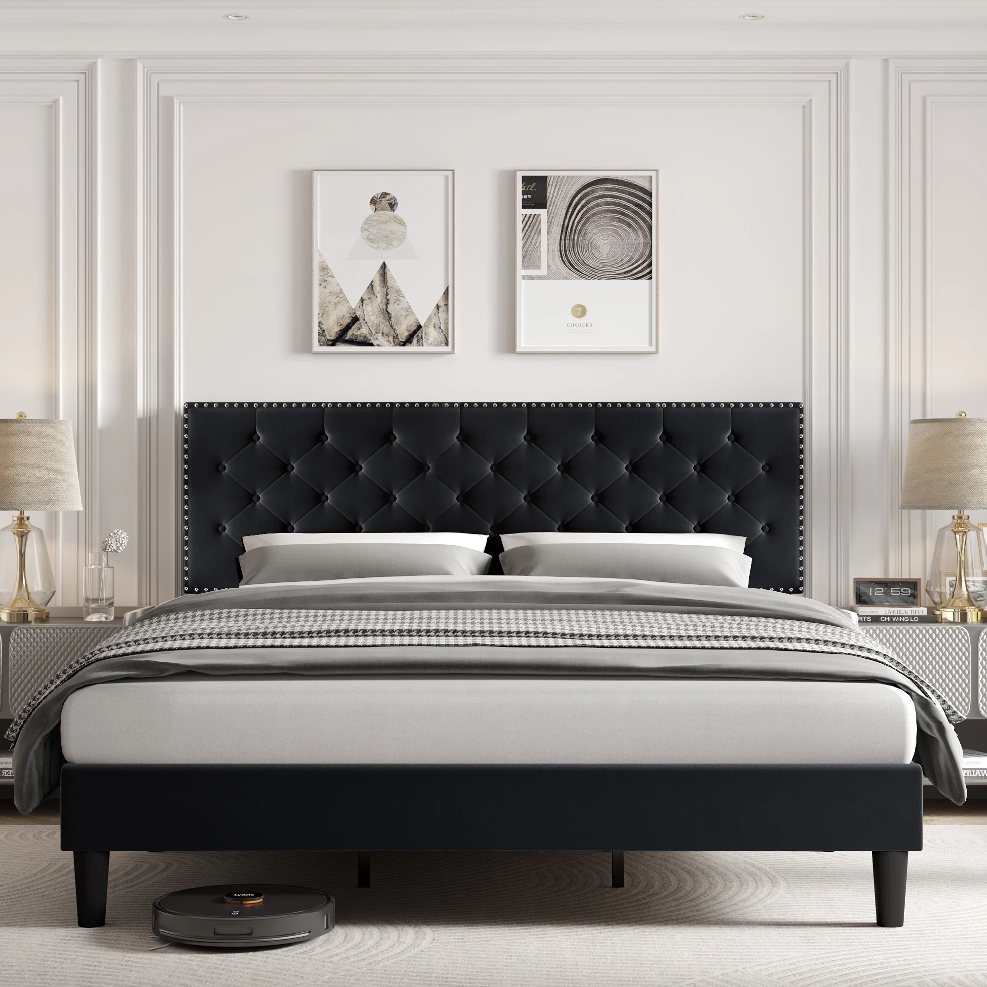 Homfa King Size Bed, Modern Upholstered Platform Bed Frame with Adjustable Headboard for Bedroom, Black