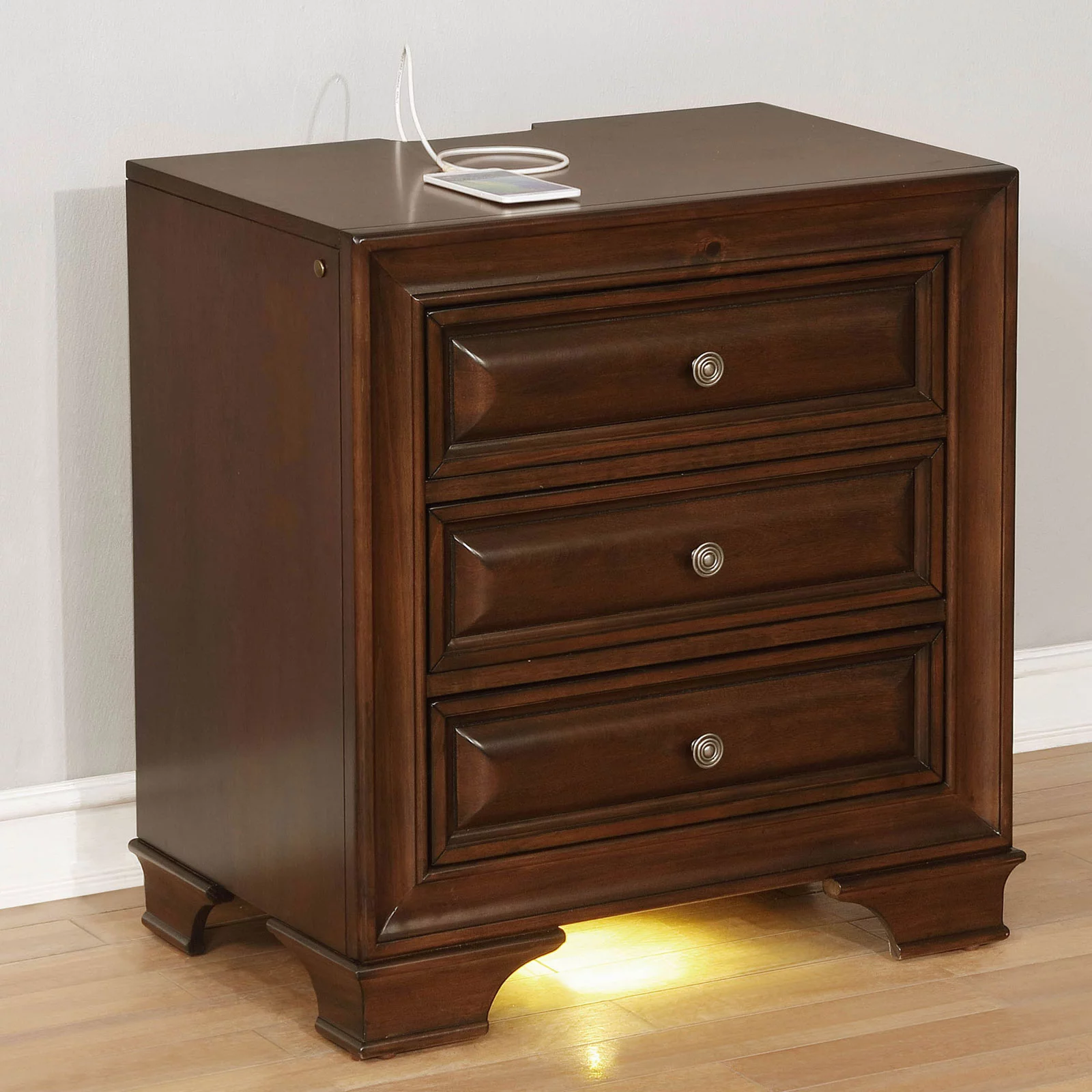 Elegance 3pc Bedroom Furniture Set Transitional Solid wood Queen Size Bed 2x Nightstands w USB Brown Cherry Storage Bed Drawers