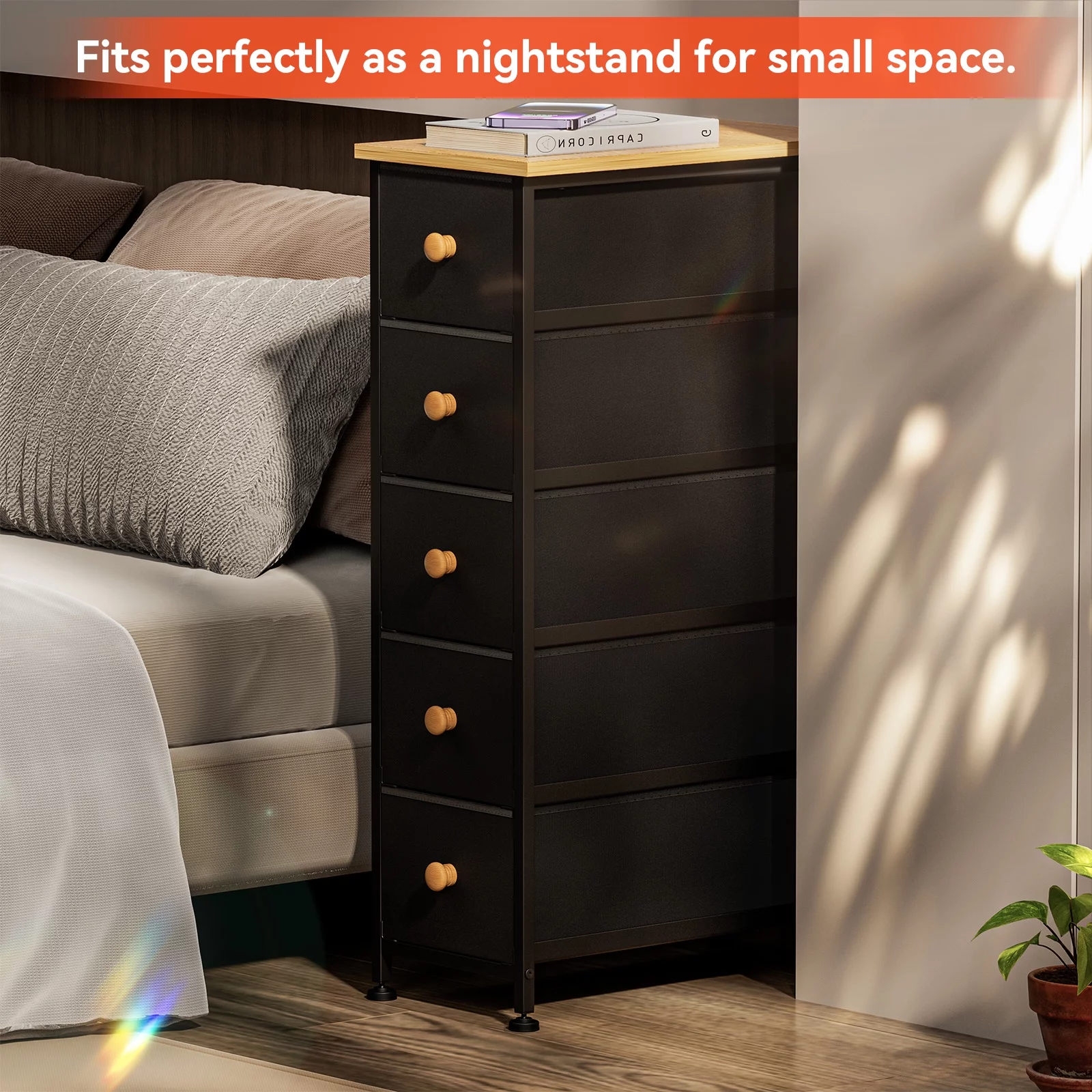 YILQQPER 5 Drawers Vertical Narrow Dresser, Slim Storage Chest of Drawers with Removable Fabric, Drawers for Closet Small Spaces Bathroom Bedroom Laundry Entryway