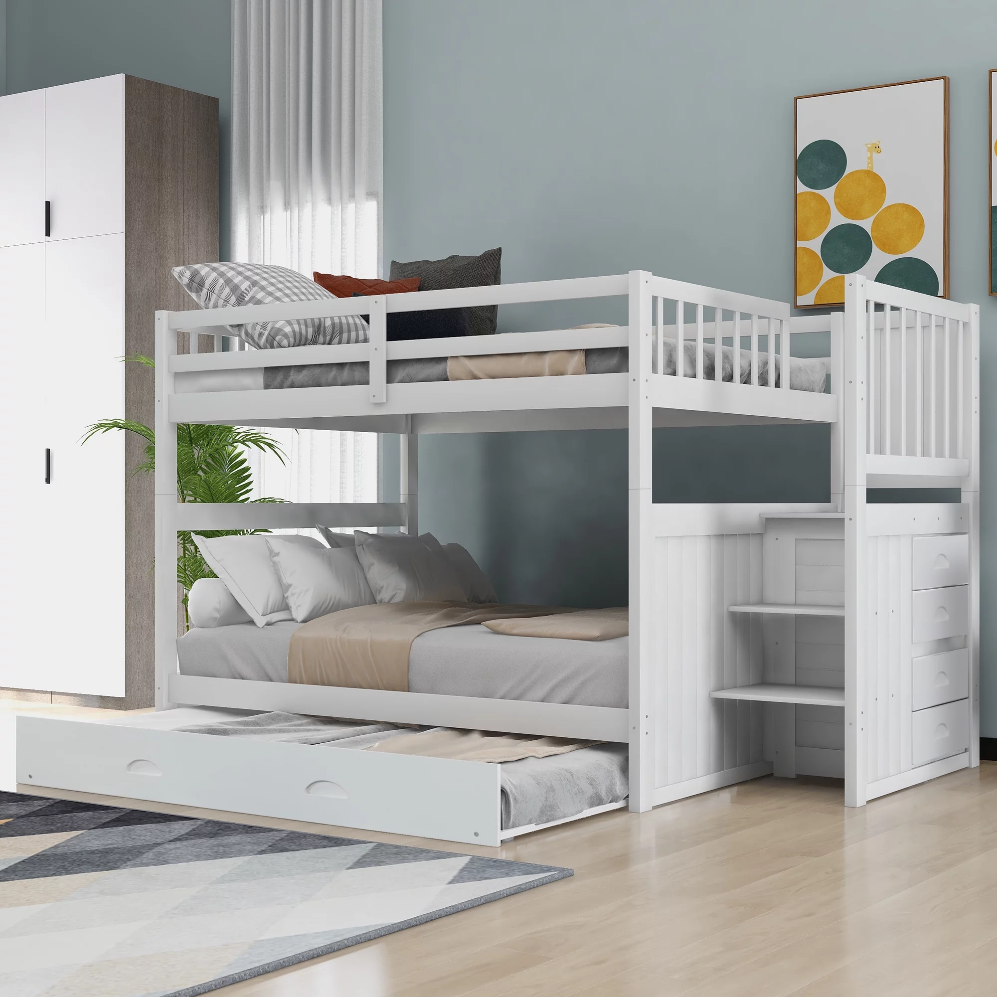 Royard Oaktree Full over Full Bunk Bed with Size Trundle Multi-functional Wood Bunk Bed Frame with Guardrail, Storage Stairs with 4 Drawers, No Box Spring Needed, White
