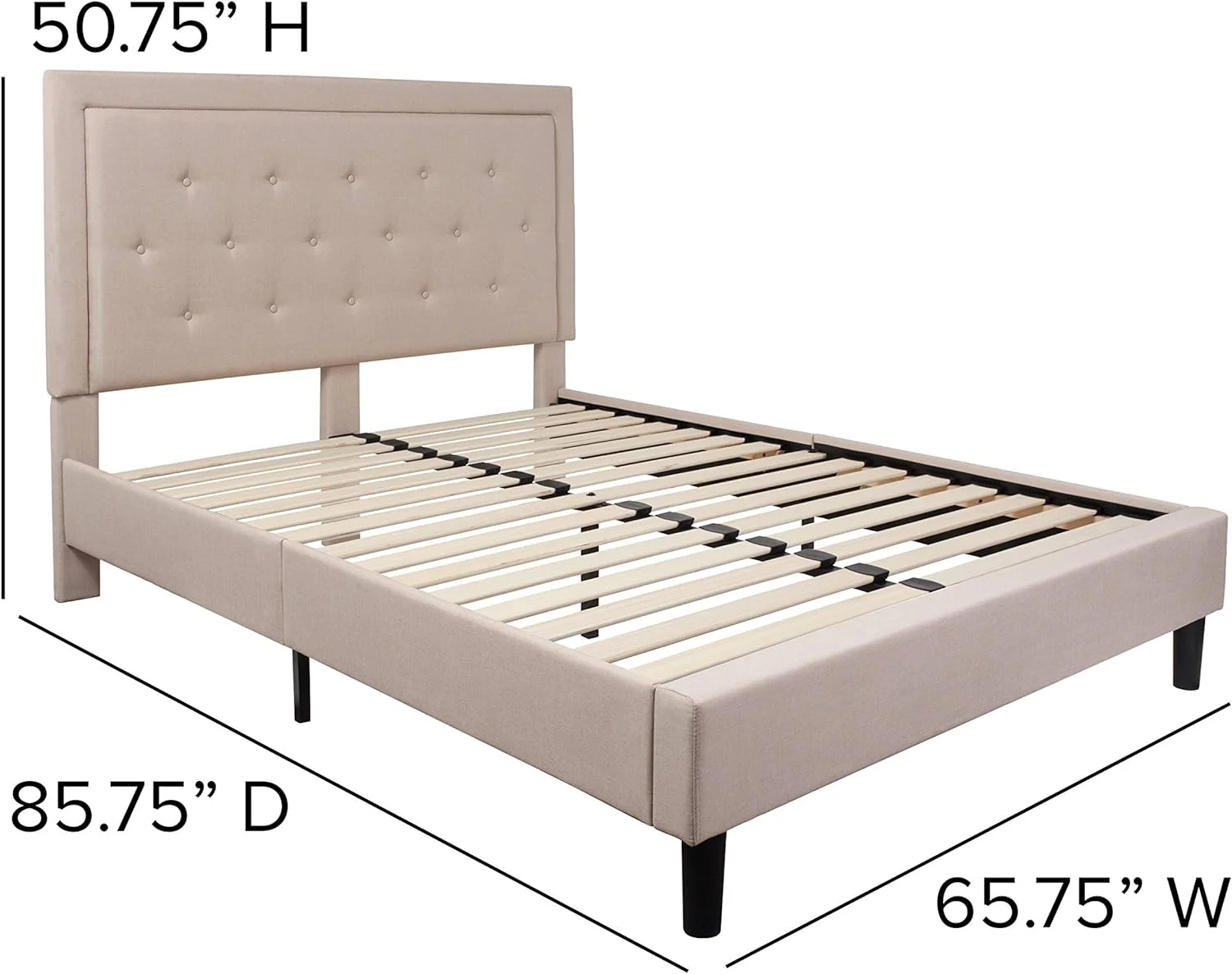 Queen Size Panel ufed Upholsered Plaform Bed In Beige Fabric