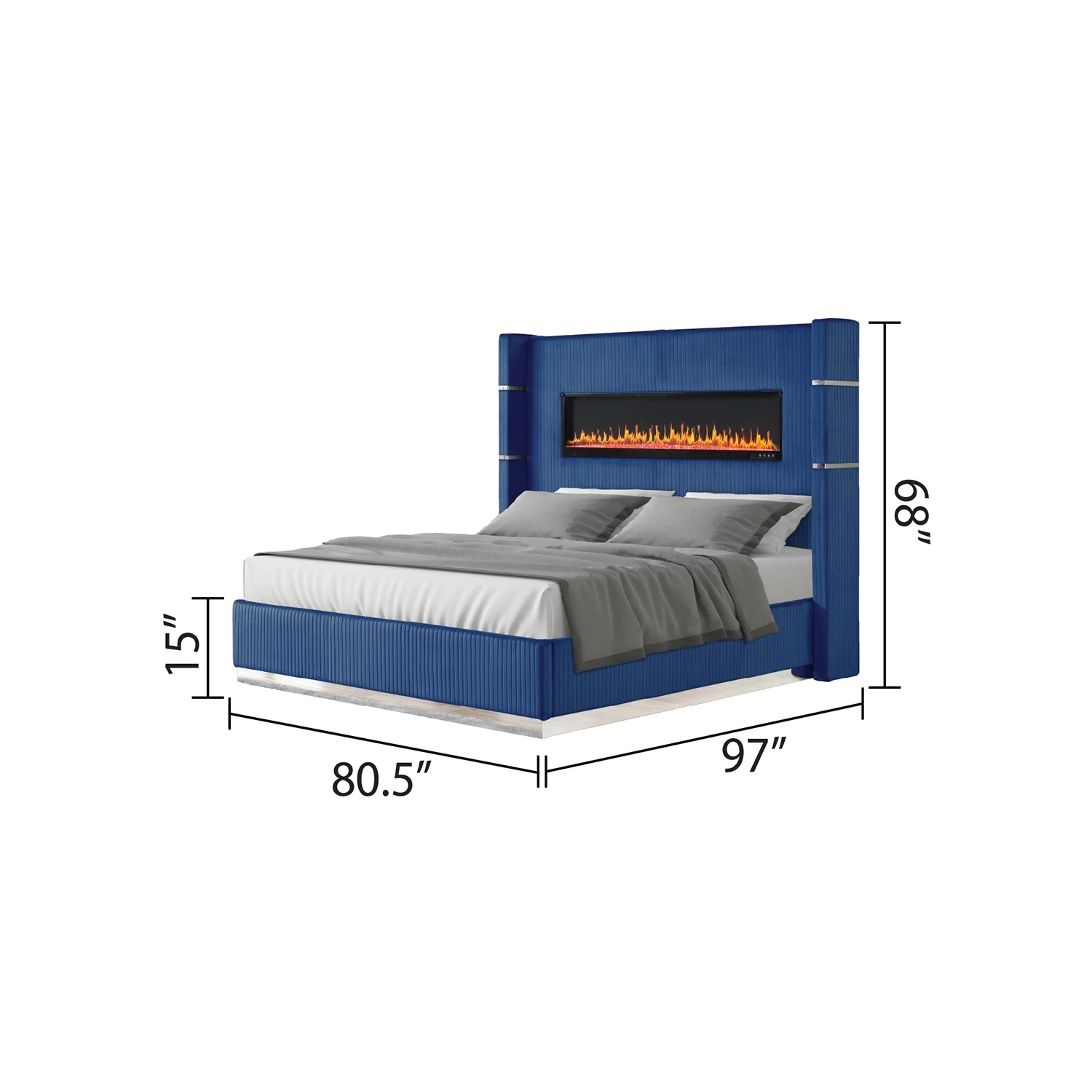 Galaxy Home Furnishings Lizelle Upholstery Wooden King Bed with Ambient lighting in Blue Velvet Finish