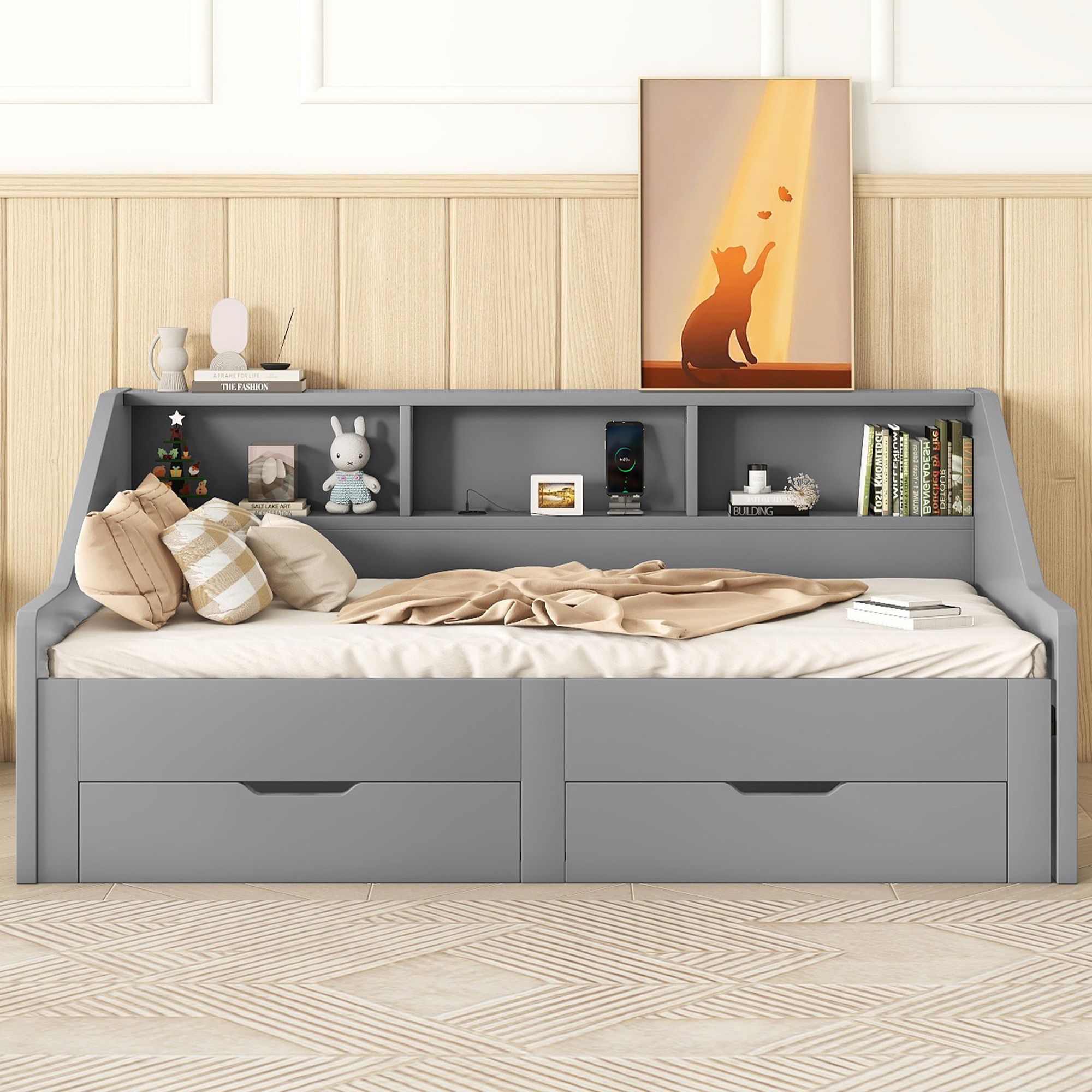 Charging Design Twin to King Size Solid Wood Bed Frame with Storage Bookcases and Two Drawers, Platform Bed Frame, Mid Century Bedframe, Wood Daybed, Wood Foundation(Gray, Twin)