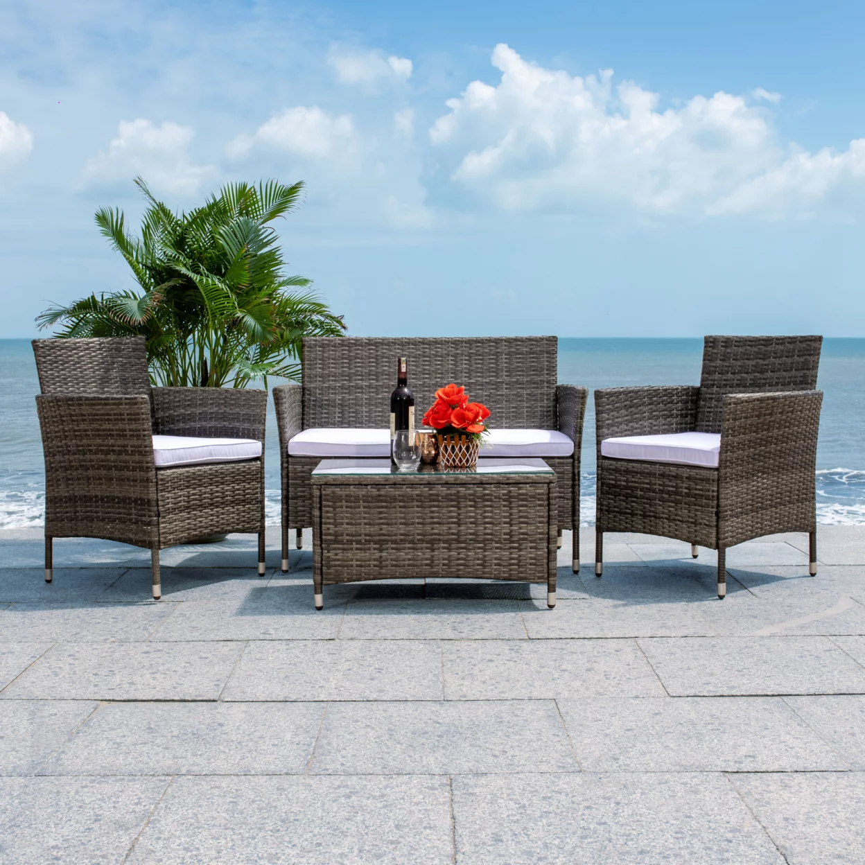 SAFAVIEH Bandele Outdoor Patio 4 Pc Conversation Set, Grey Brown/White