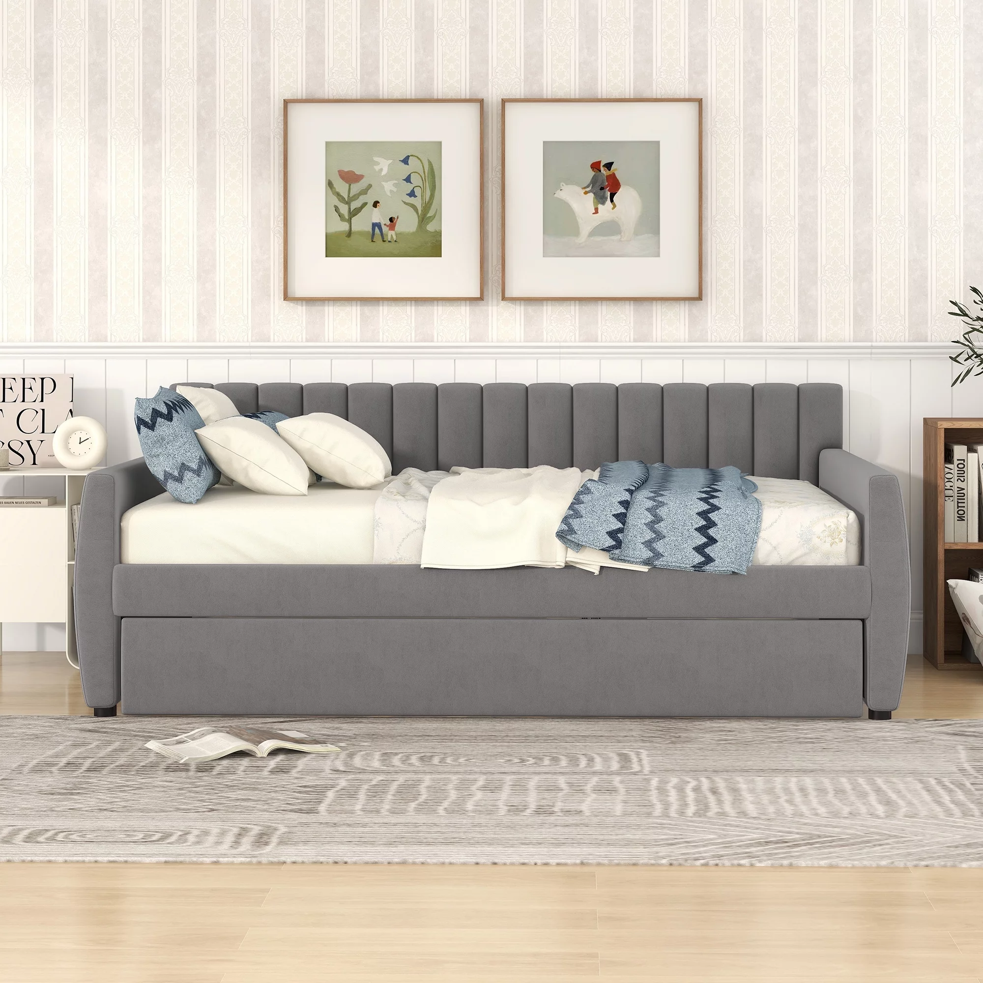 Momspeace Full Size Upholstered Daybed with 2 Drawers for Bedroom Living Room Daybed Frame No Box Springs Need - Gray