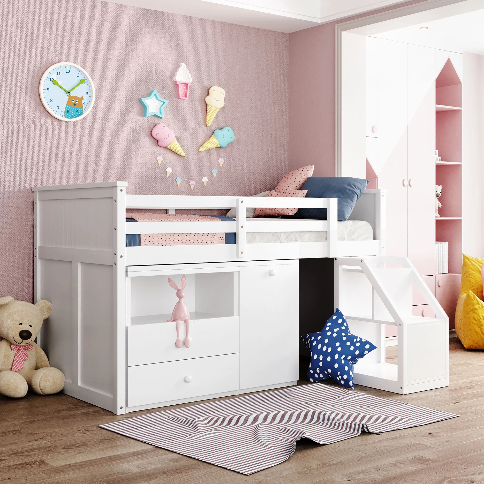 Twin Wood Loft Bed with Ladder and Guard Rail, Loft Bed with Desk , Low loft Twin Bed with Storage Cabinet and Rolling Portable Desk for Kids and Teenagers