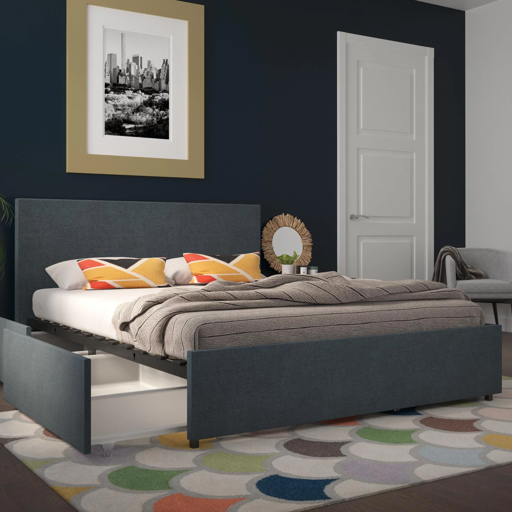 Novogratz Kelly Upholstered Storage Bed Frame, Queen, Dark Blue Linen