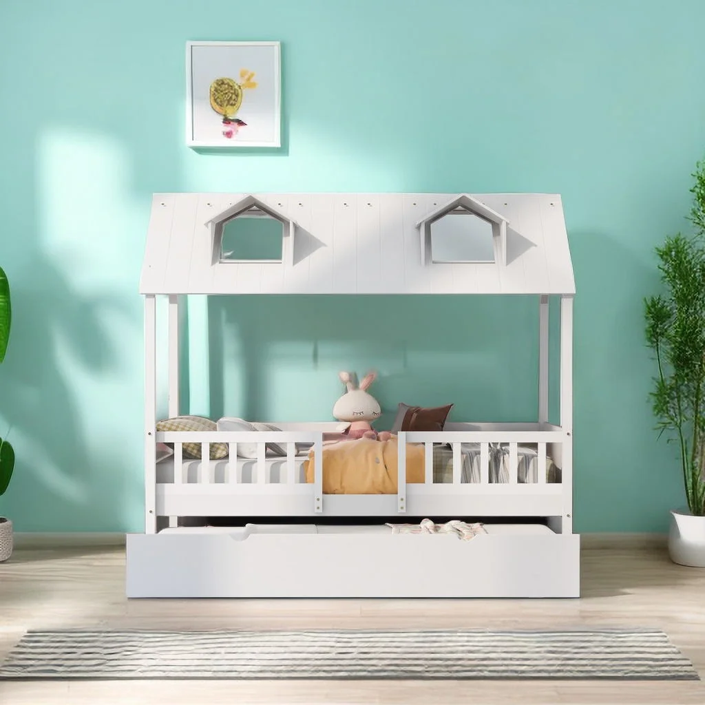 Twin Size House Bed with Trundle Bed, Wood Playhouse Bed Frame with House-Shaped Roof and Fence Railings, Platform Beds Frame for Girls Boys Teens