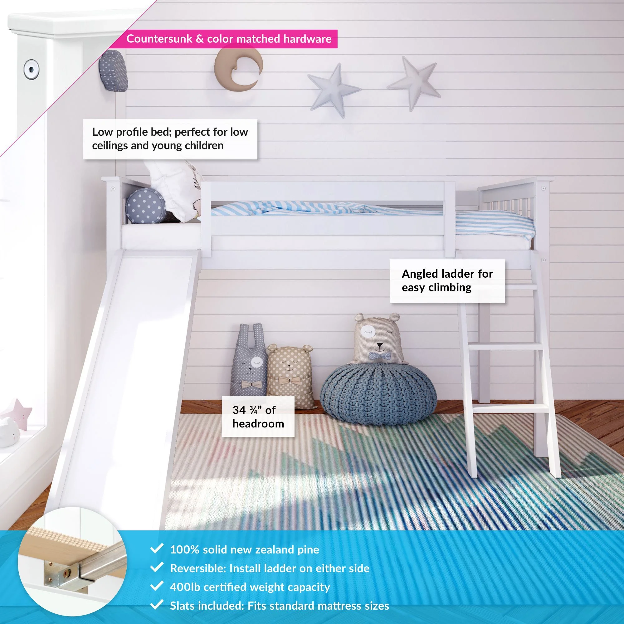 Carousel Twin Loft Bed, Solid Wood Low loft Bunk beds for Kids with Slide and Ladder, White